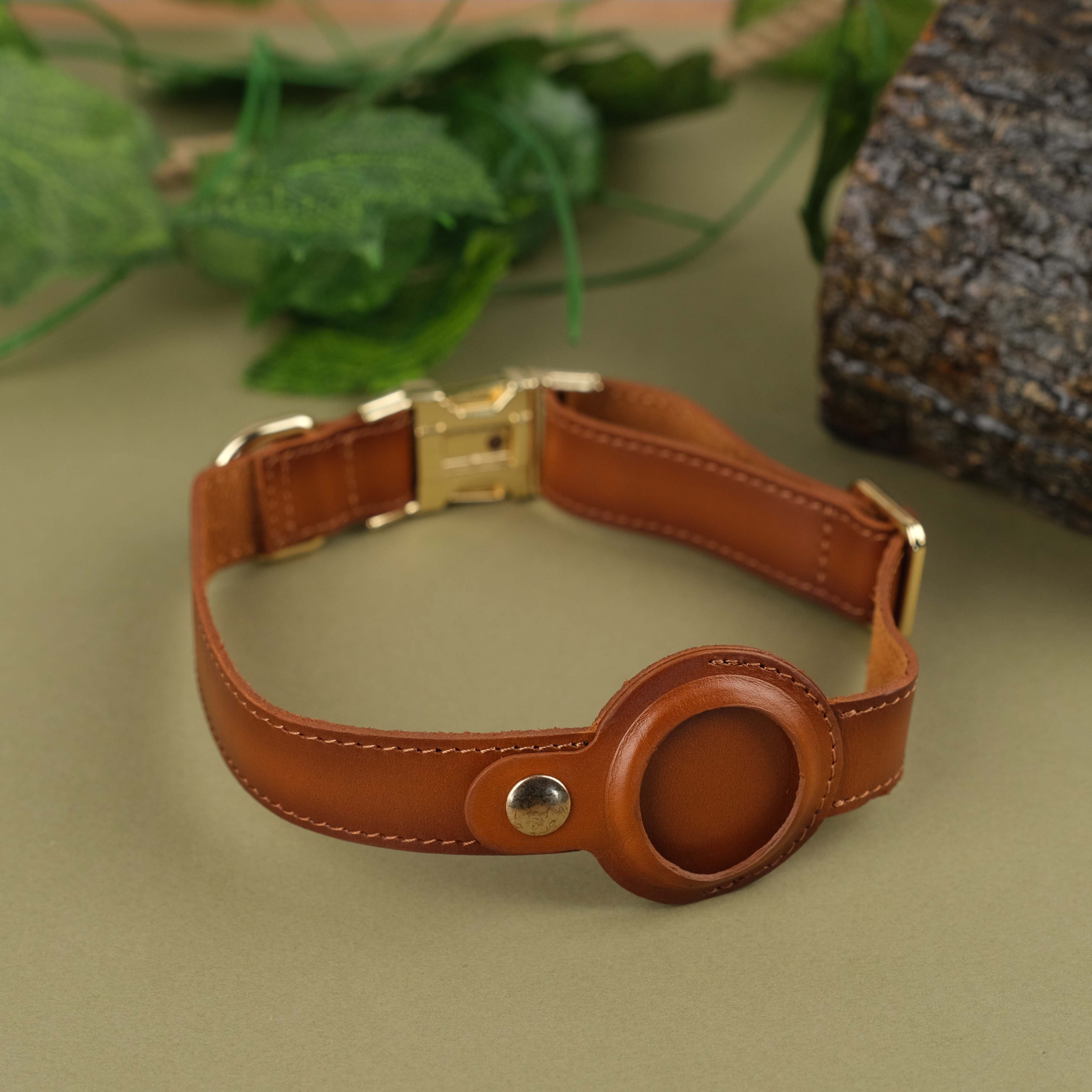 Tan Handcrafted Leather Dog Collar with Airtag Slot