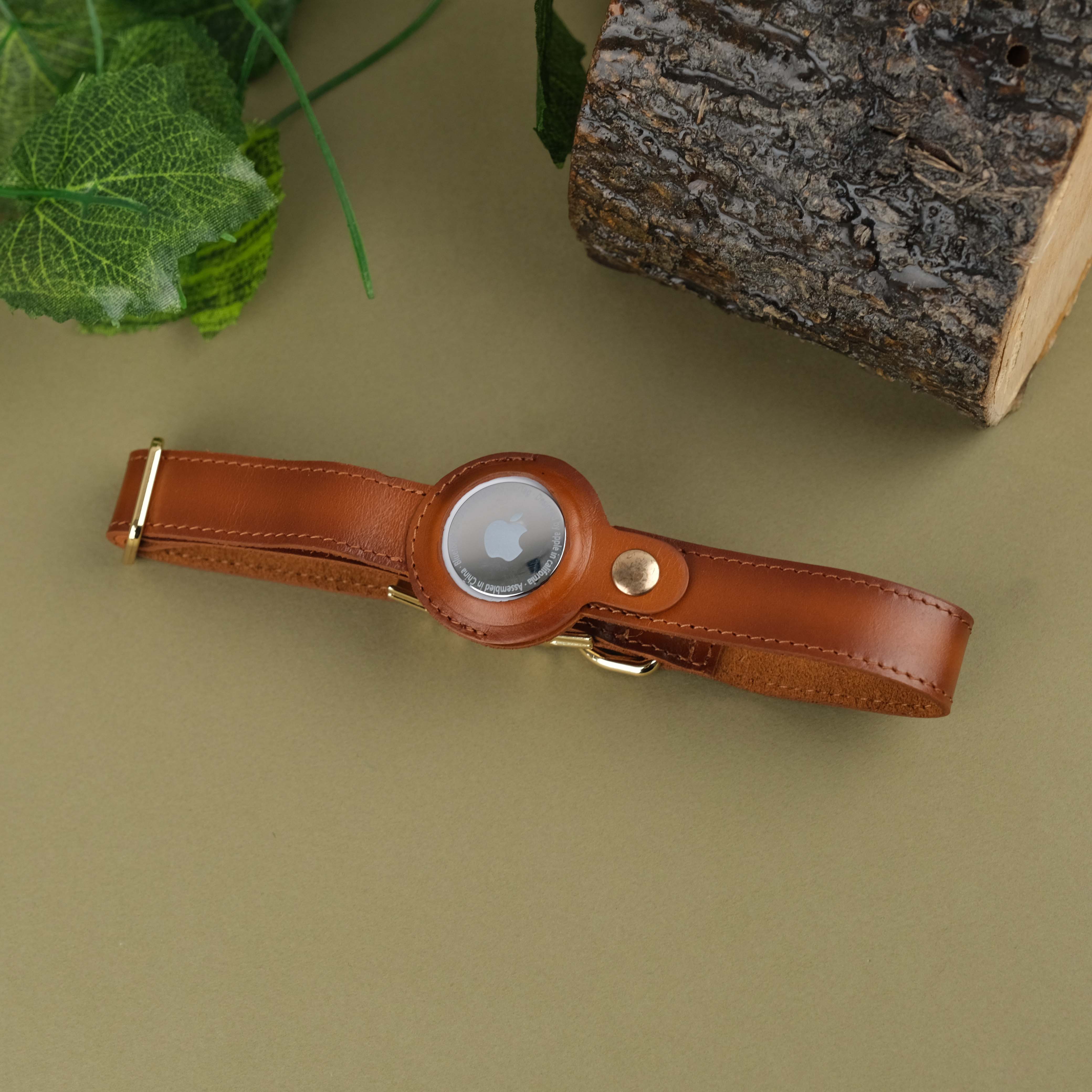 Tan Handcrafted Leather Dog Collar with Airtag Slot