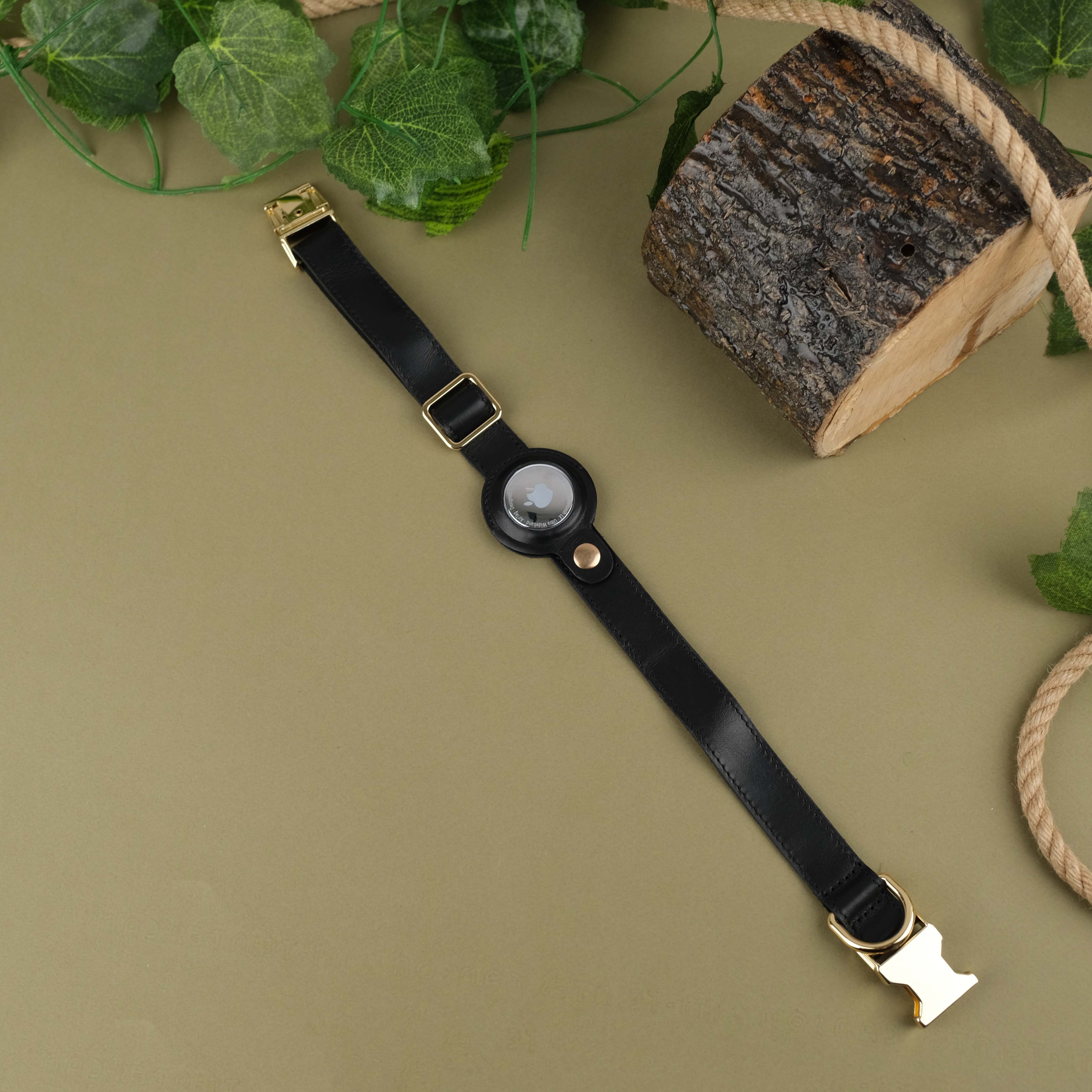 Black Handcrafted Leather Dog Collar with Airtag Slot
