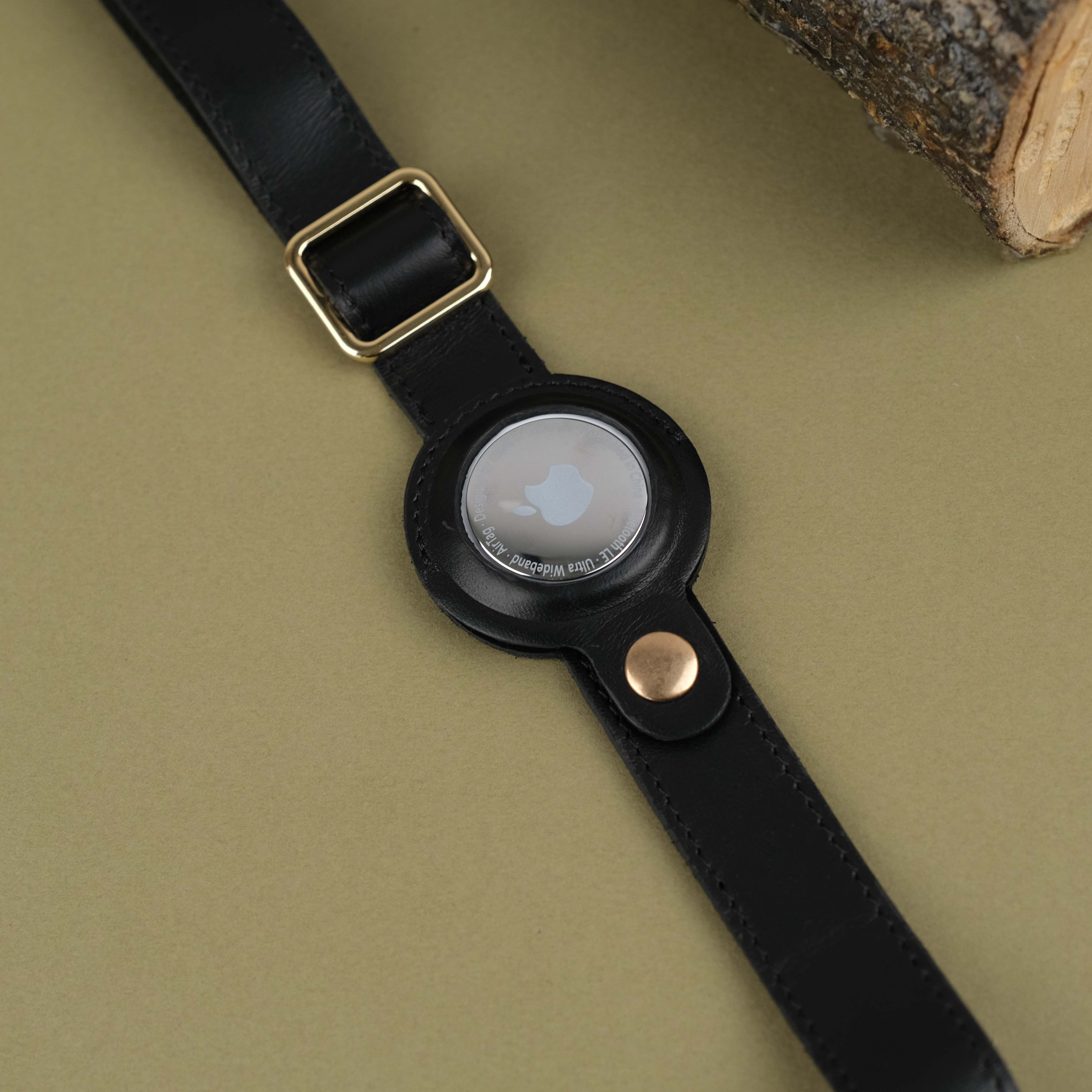 Black Handcrafted Leather Dog Collar with Airtag Slot