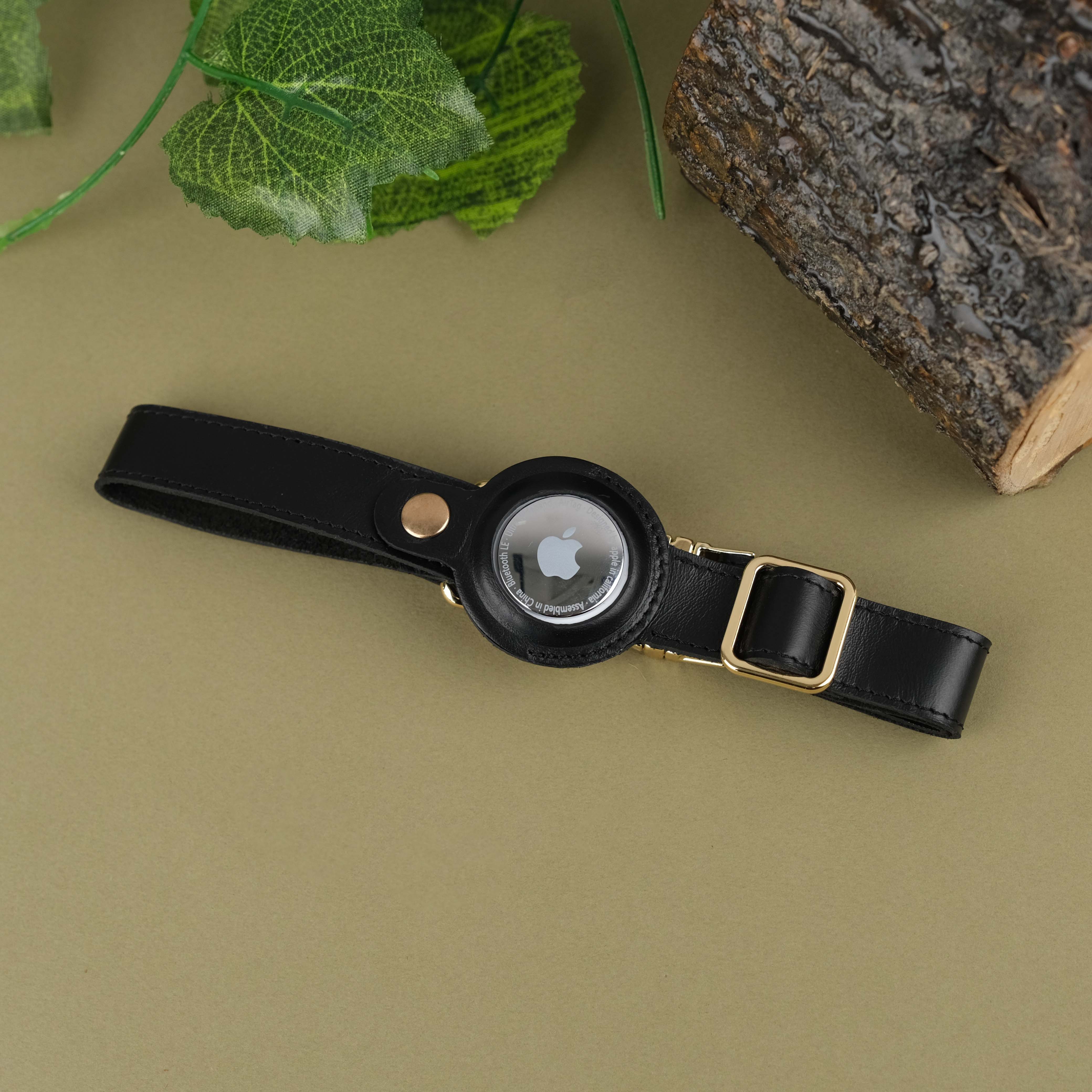 Black Handcrafted Leather Dog Collar with Airtag Slot