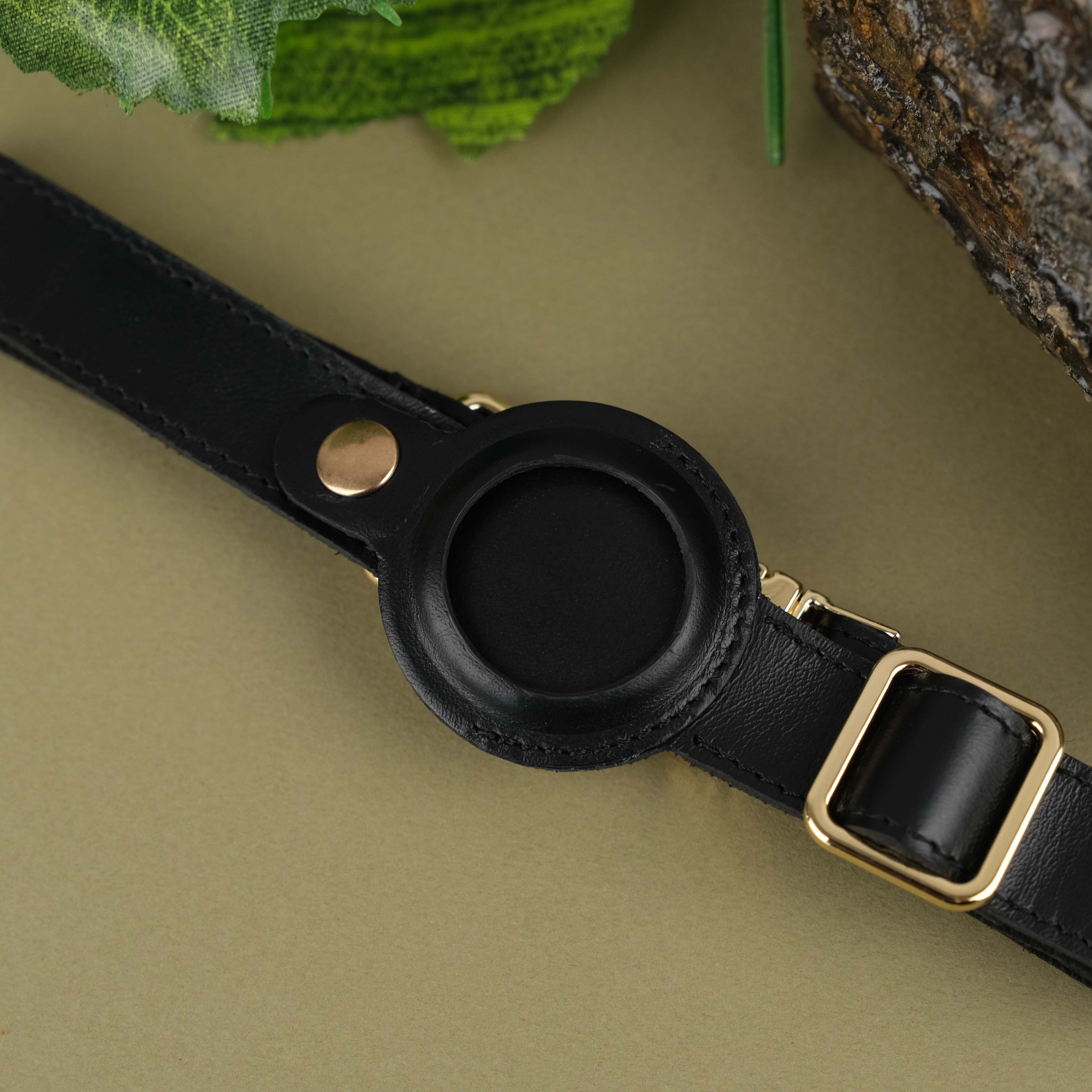 Black Handcrafted Leather Dog Collar with Airtag Slot
