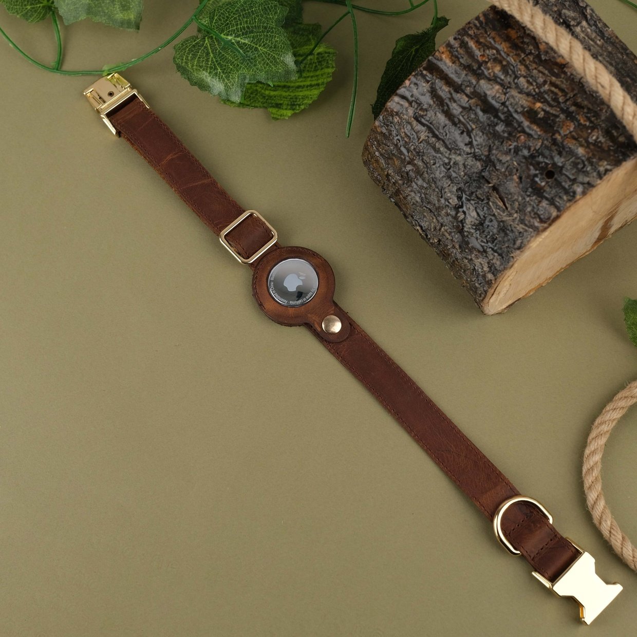 Brown Handcrafted Leather Dog Collar with Airtag Slot