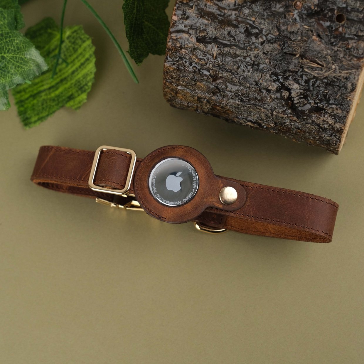 Brown Handcrafted Leather Dog Collar with Airtag Slot