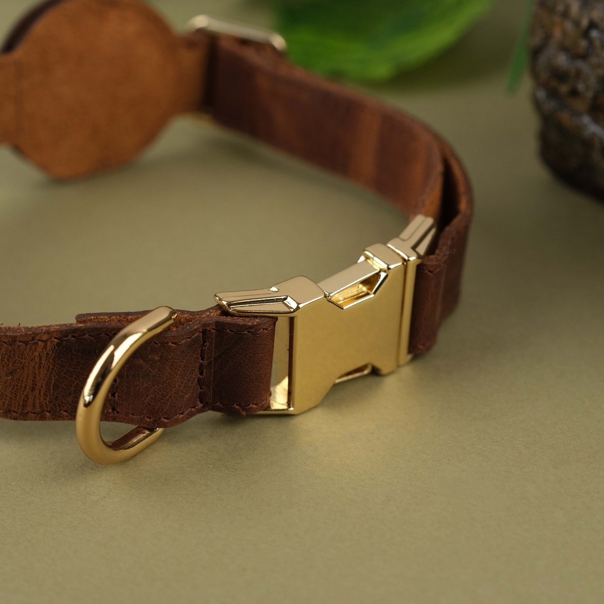 Brown Handcrafted Leather Dog Collar with Airtag Slot