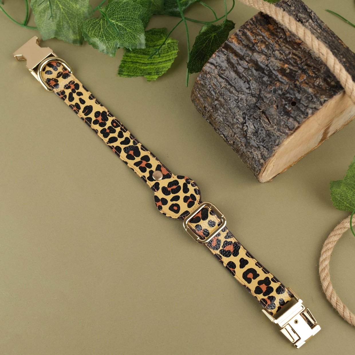 Leopard Handcrafted Leather Dog Collar with Airtag Slot