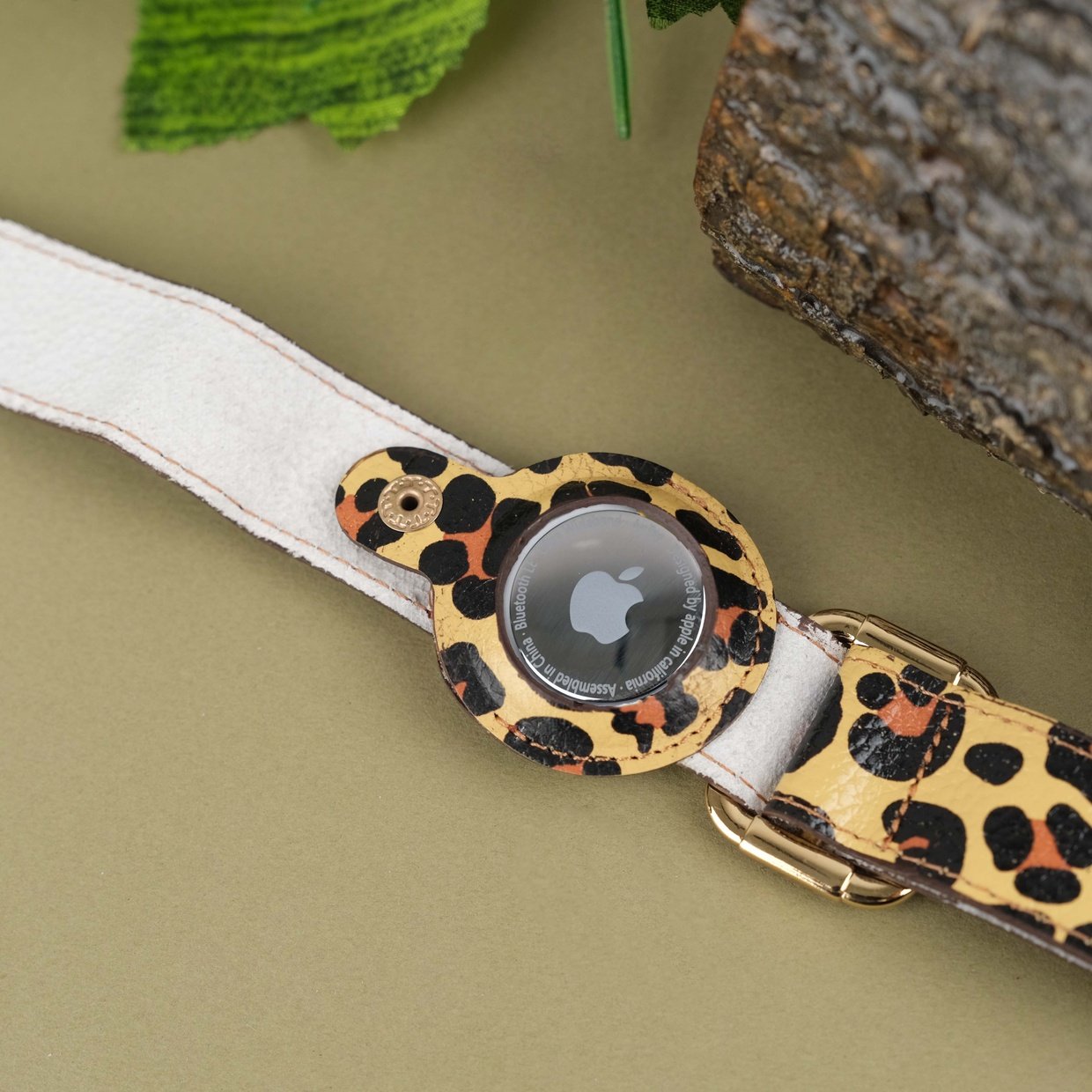 Leopard Handcrafted Leather Dog Collar with Airtag Slot