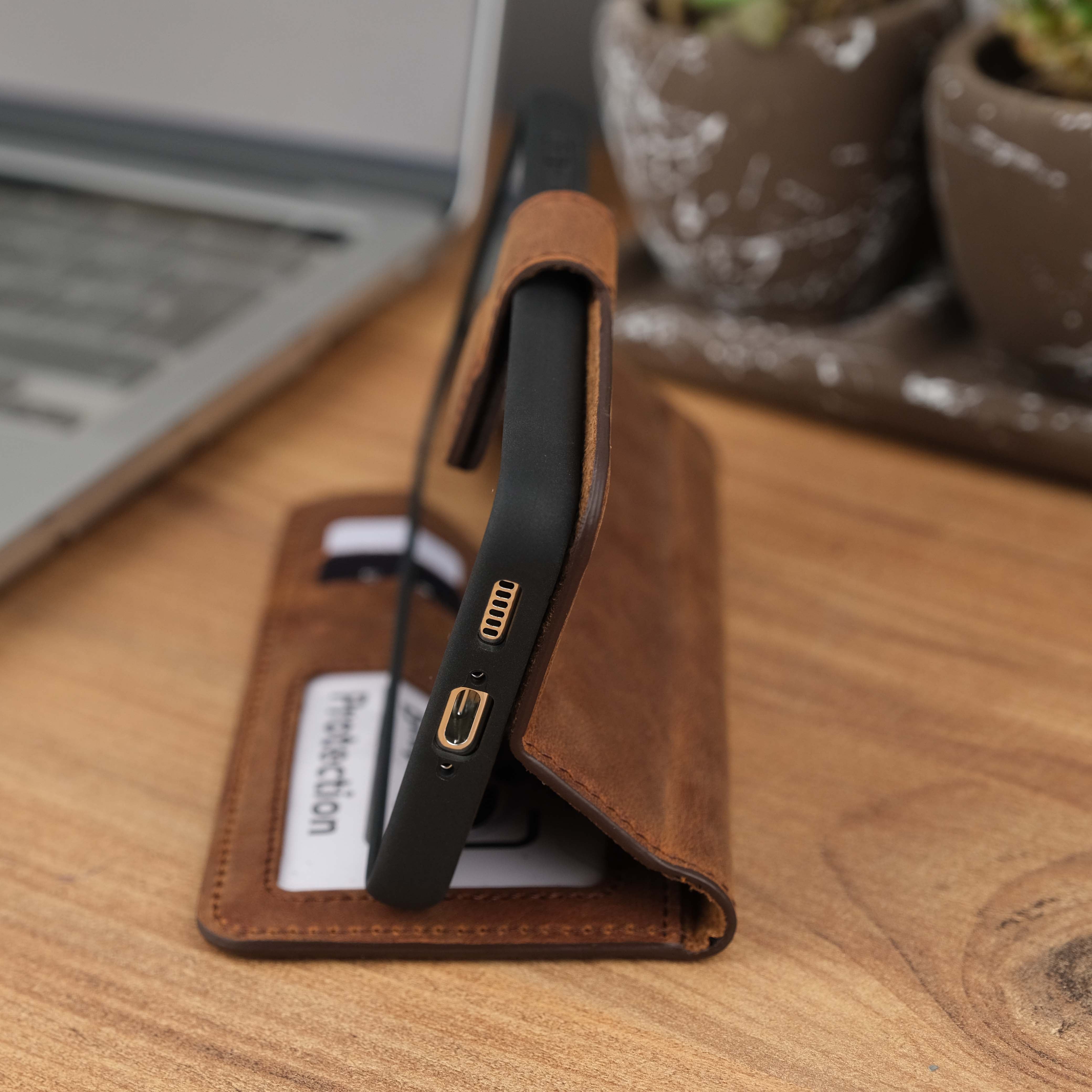 Antique Brown Leather Galaxy S23 Wallet Case Kickstand Side View