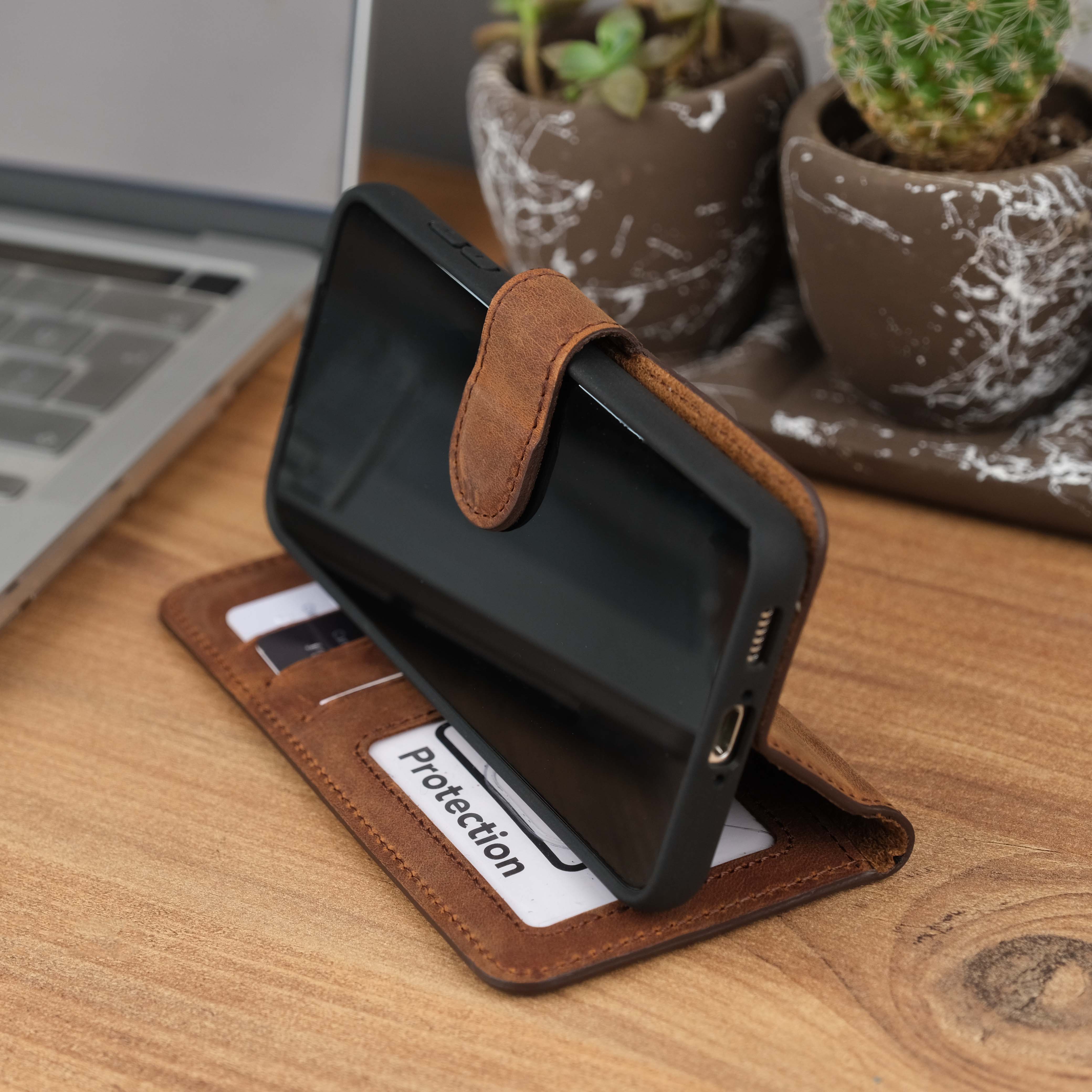 Antique Brown Leather Galaxy S23 Wallet Case Kickstand Front View