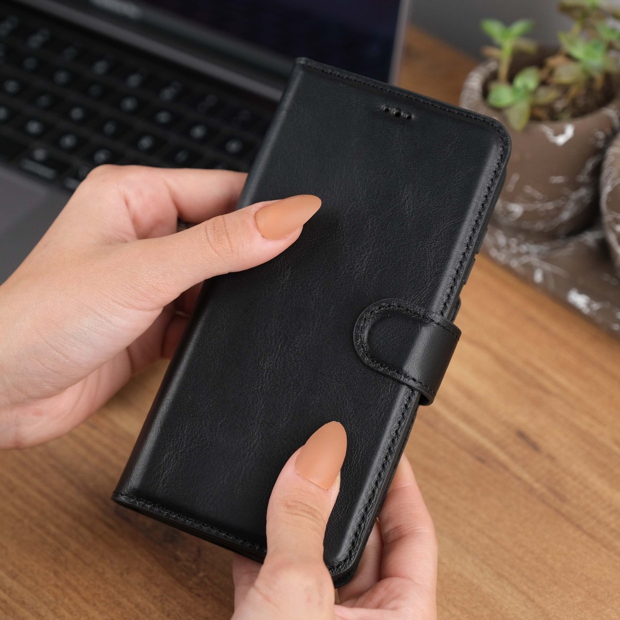Black Leather Galaxy S23 Plus Case Front View