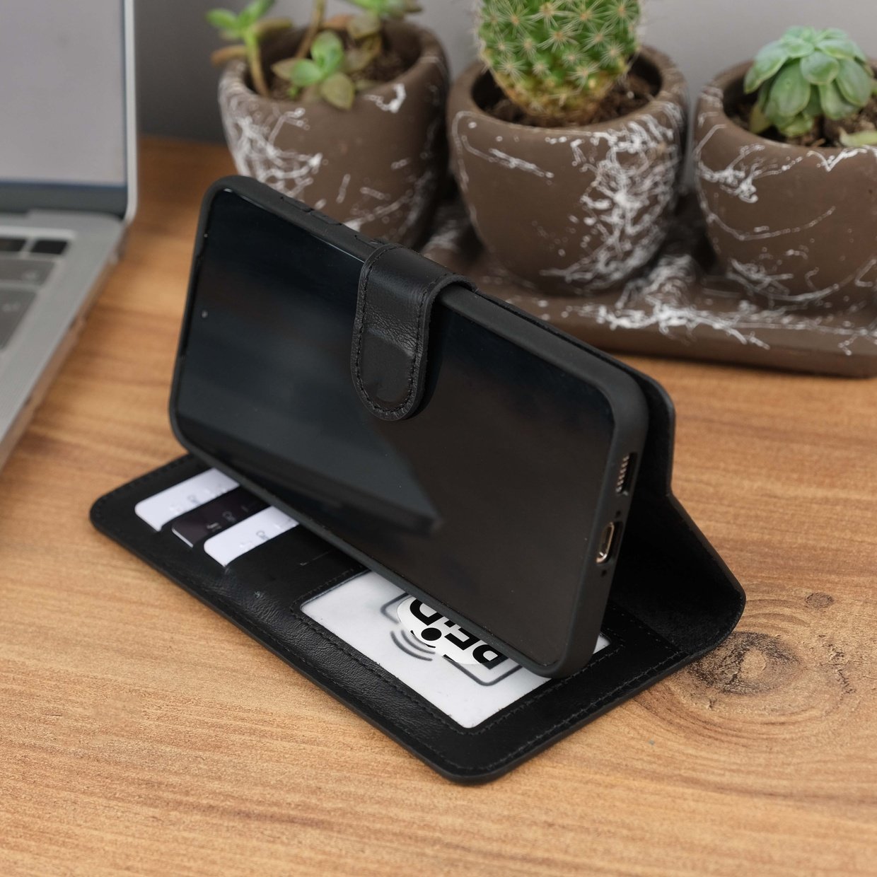 Black Leather Galaxy S23 Plus Wallet Case Kickstand Front View