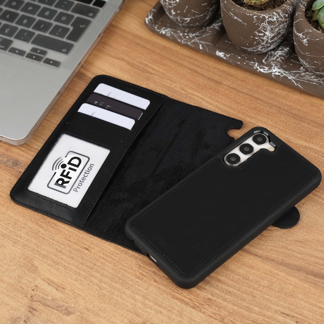 Black Leather Galaxy S23 Plus Detachable Case