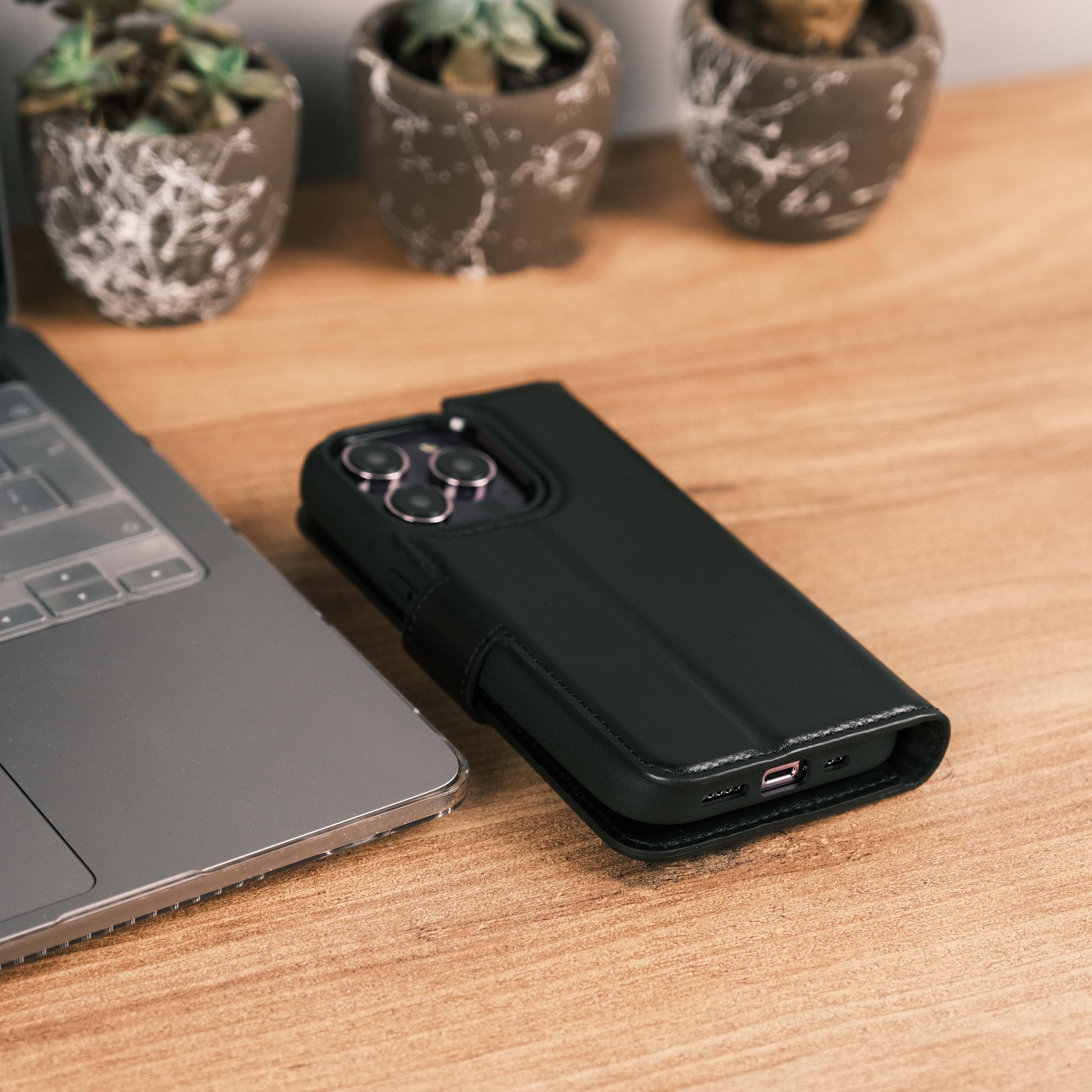 Black Leather iPhone 15 Pro Max Case Back View