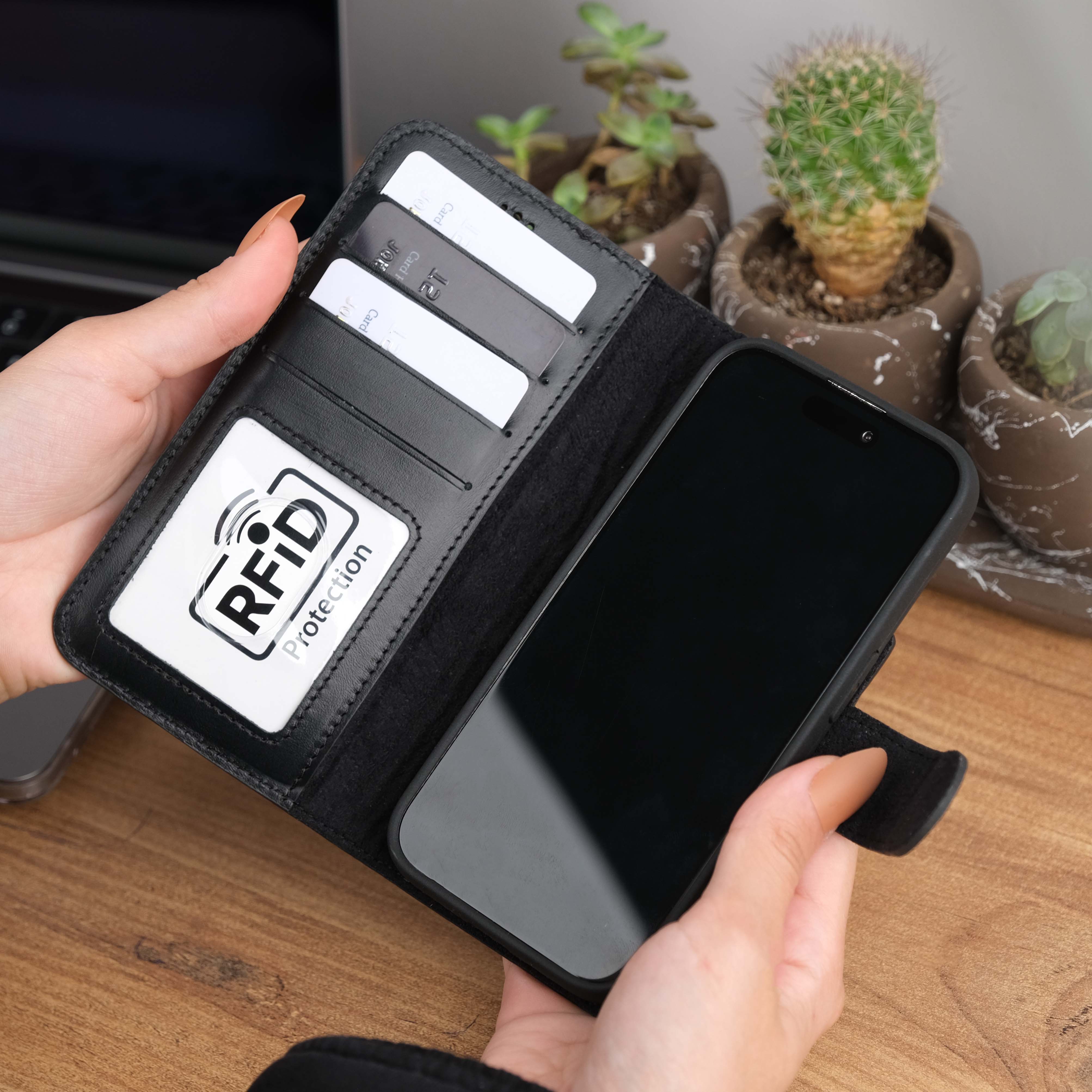 Black Leather iPhone 15 Pro Max Case Card Slots