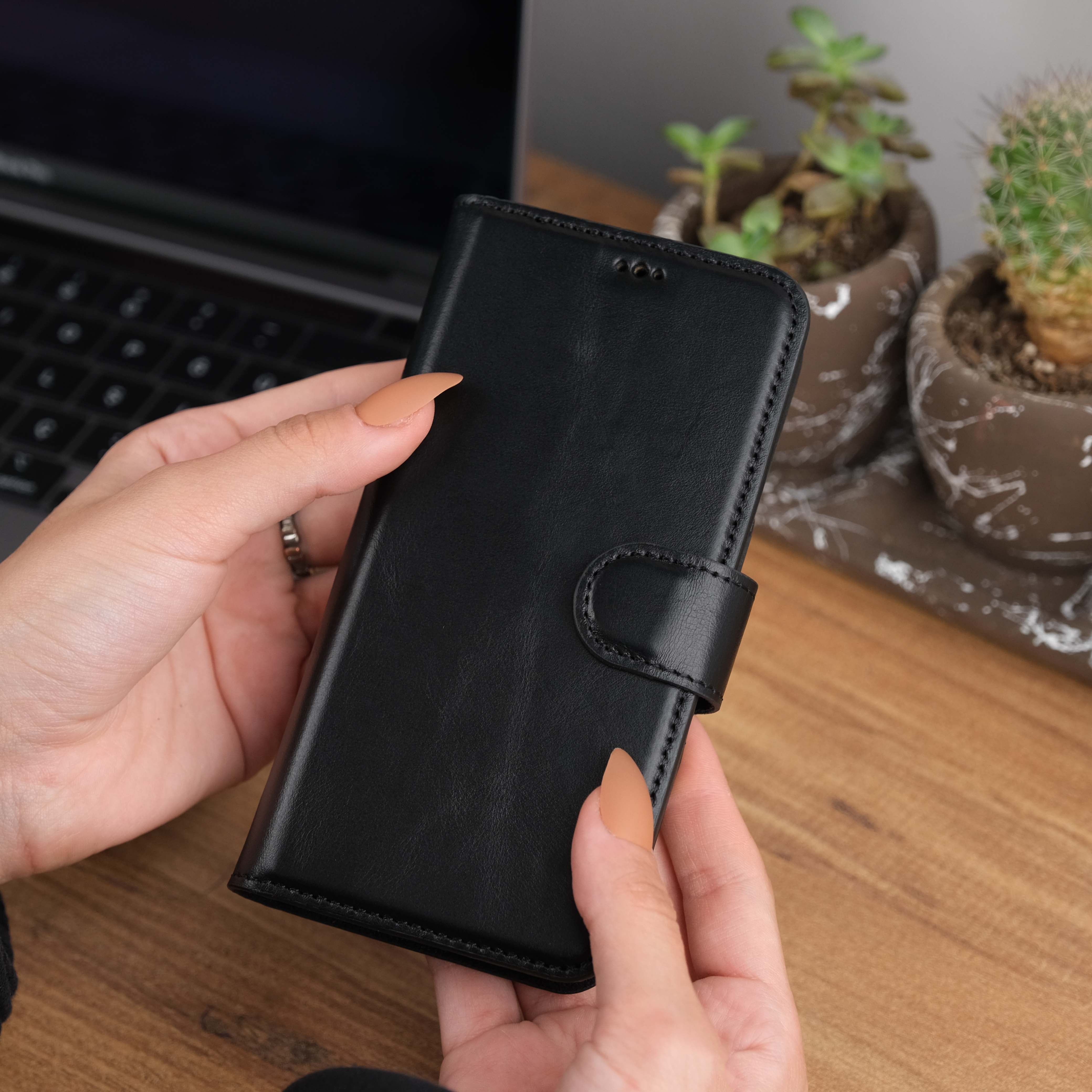 Black Leather iPhone 15 Pro Max Case Front View