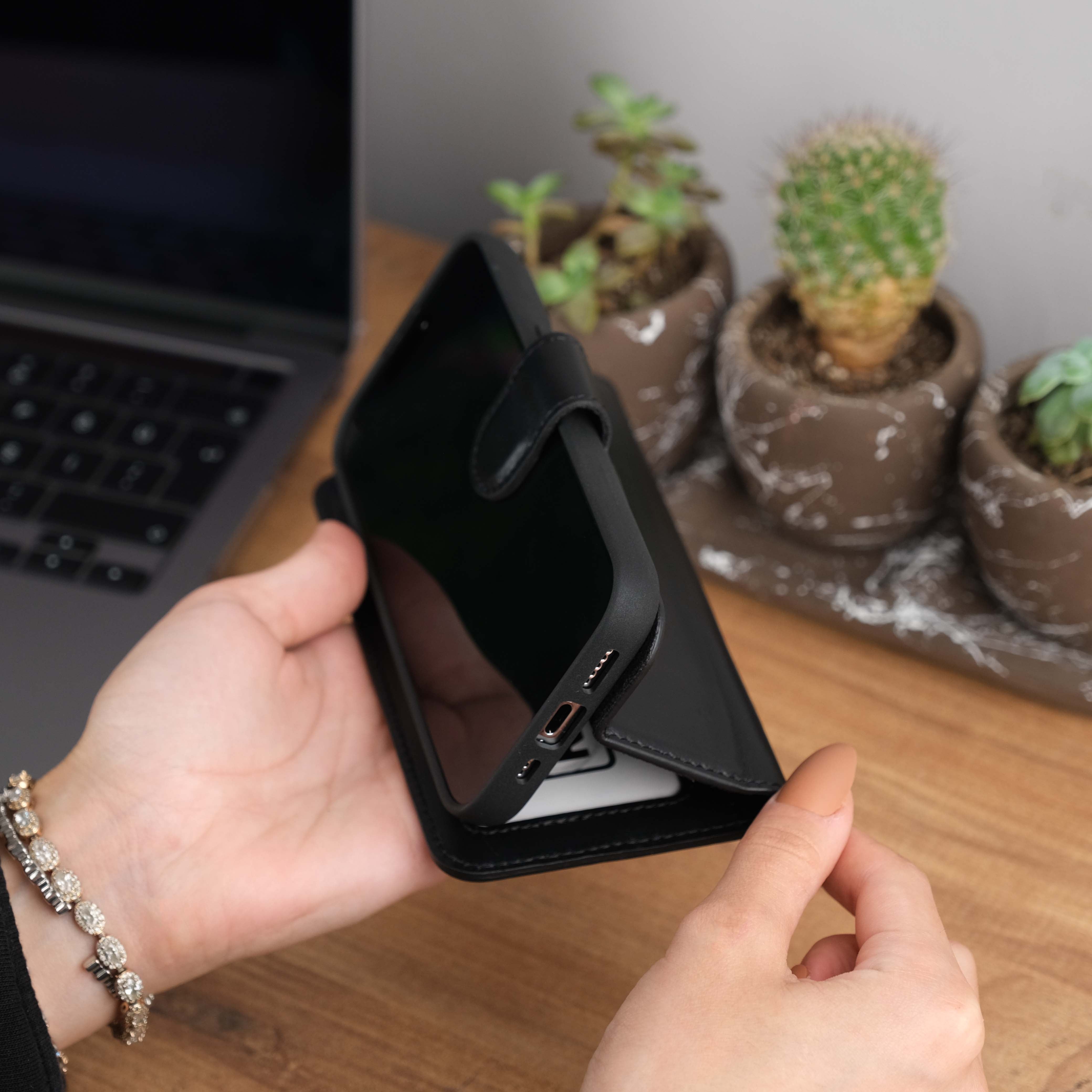 Black Leather iPhone 15 Pro Max Case Kickstand