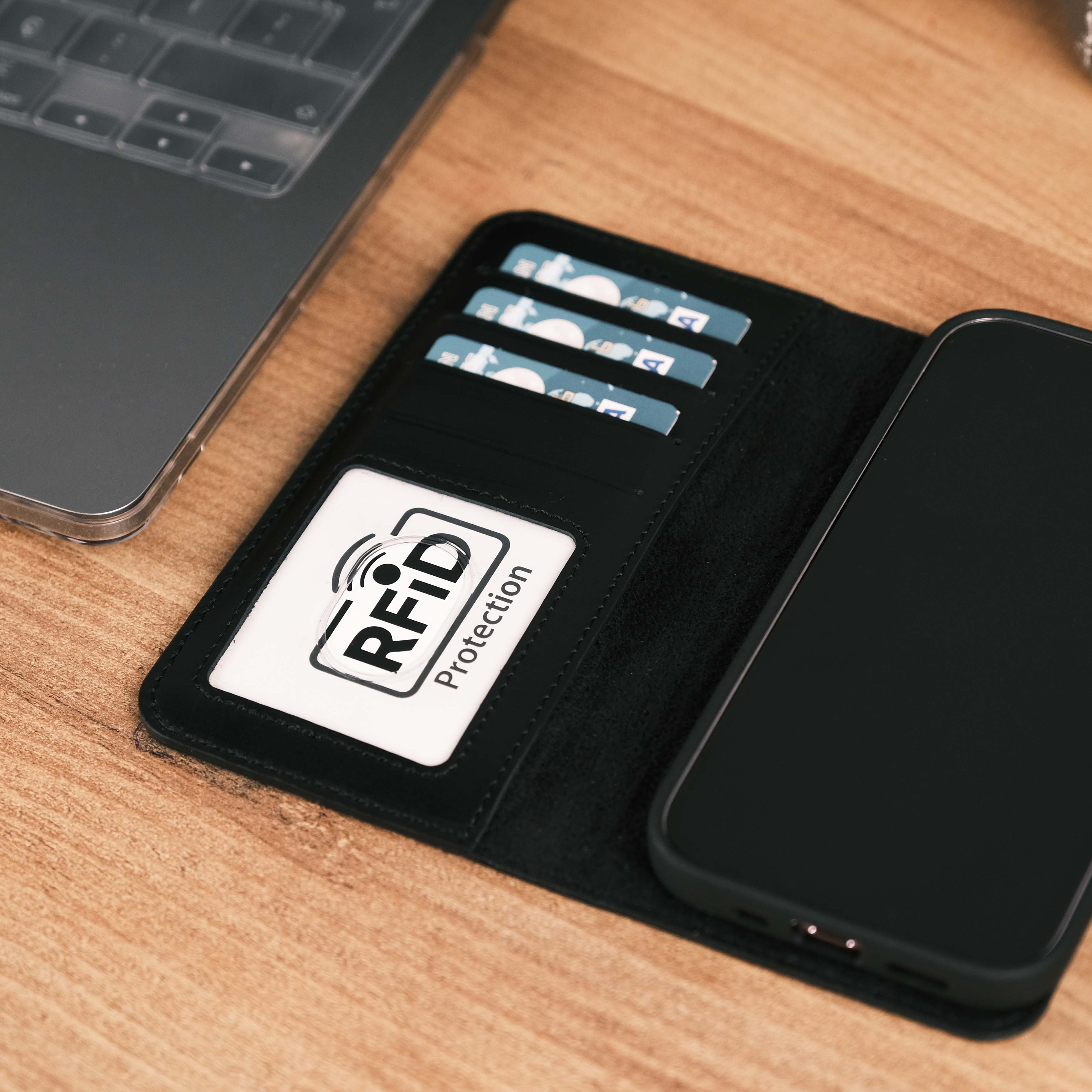 Black iPhone 15 Pro Max Wallet Case with RFID Protection