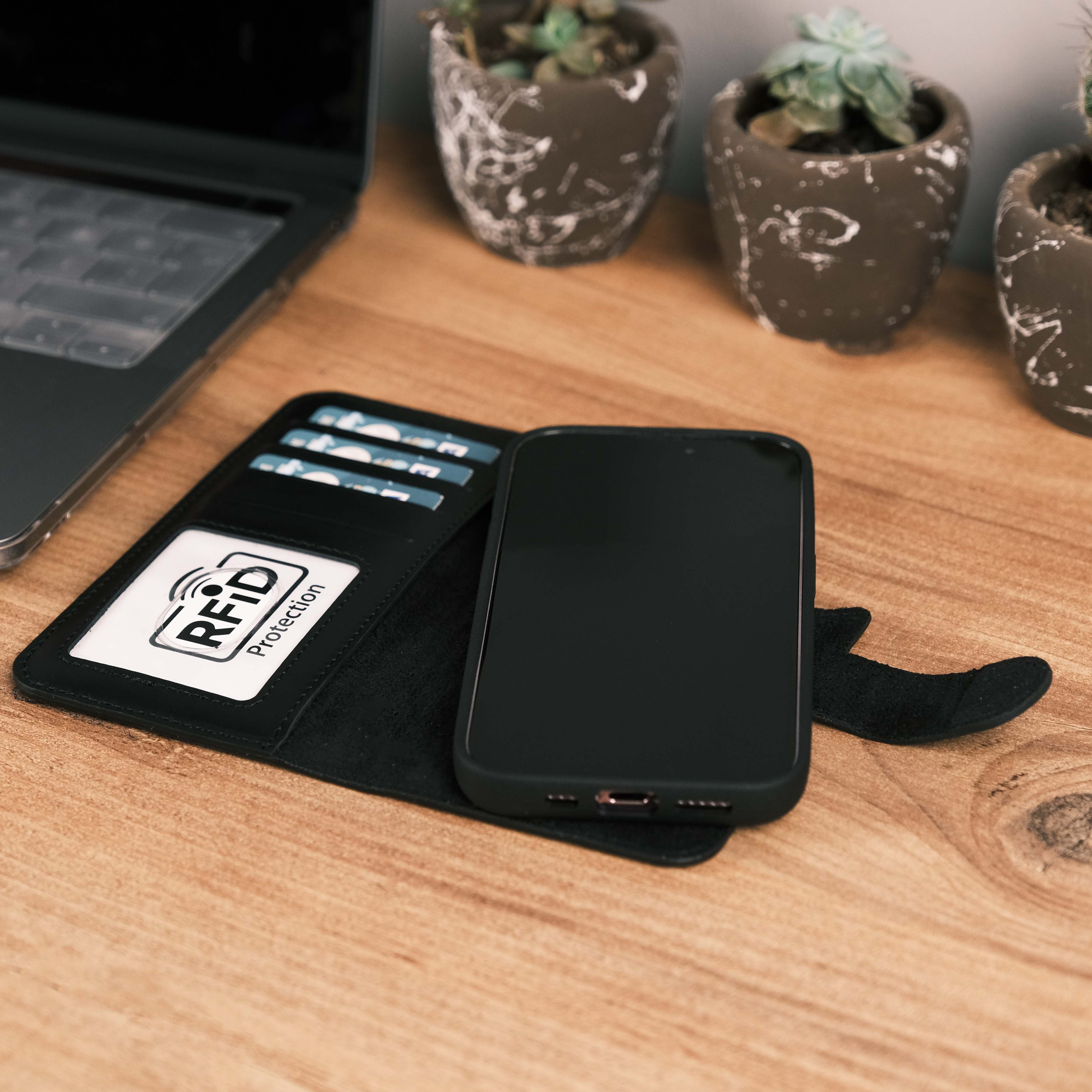 Black Leather iPhone 15 Pro Max Detachable Case