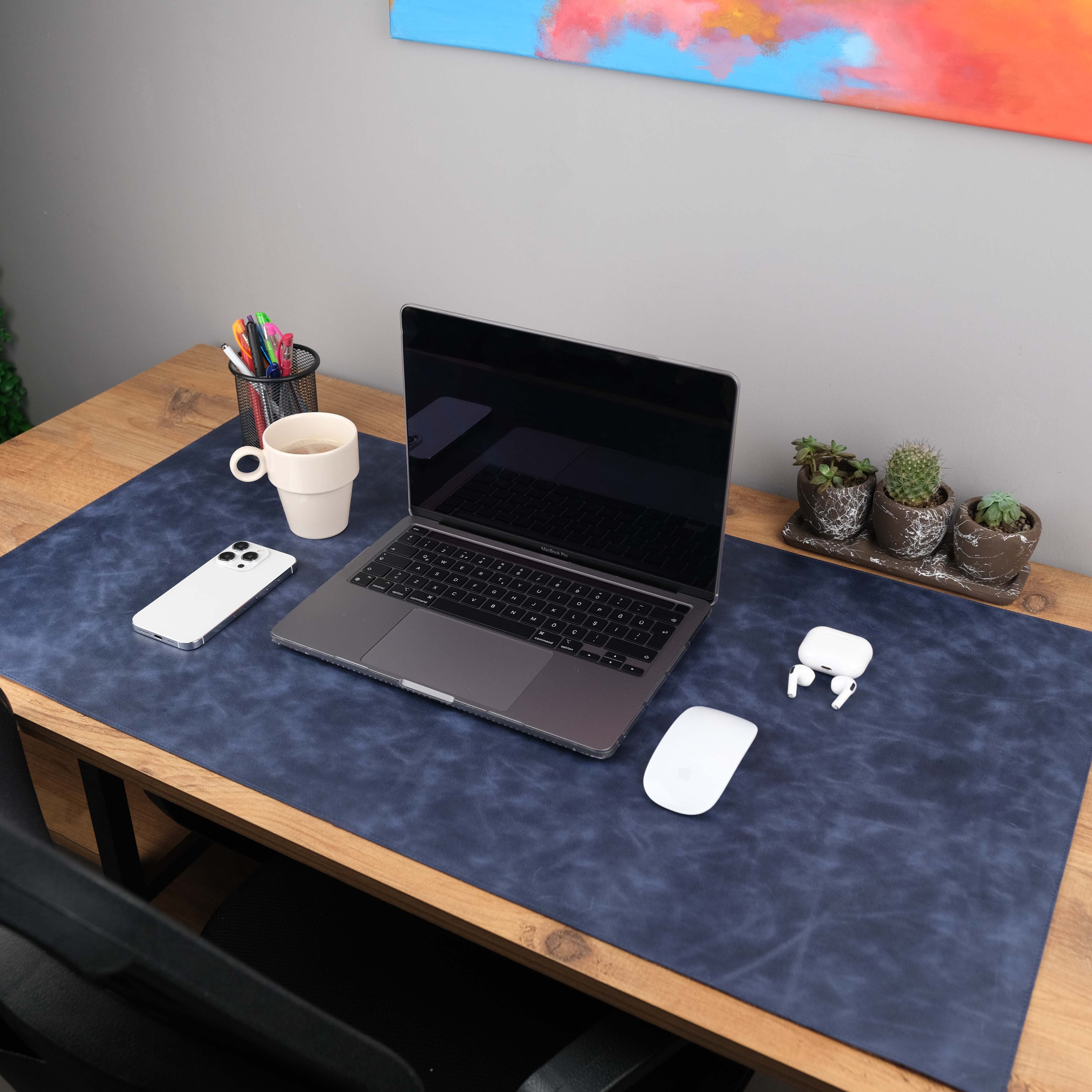 Dark Blue Leather Deskmat as a Desk Accessory
