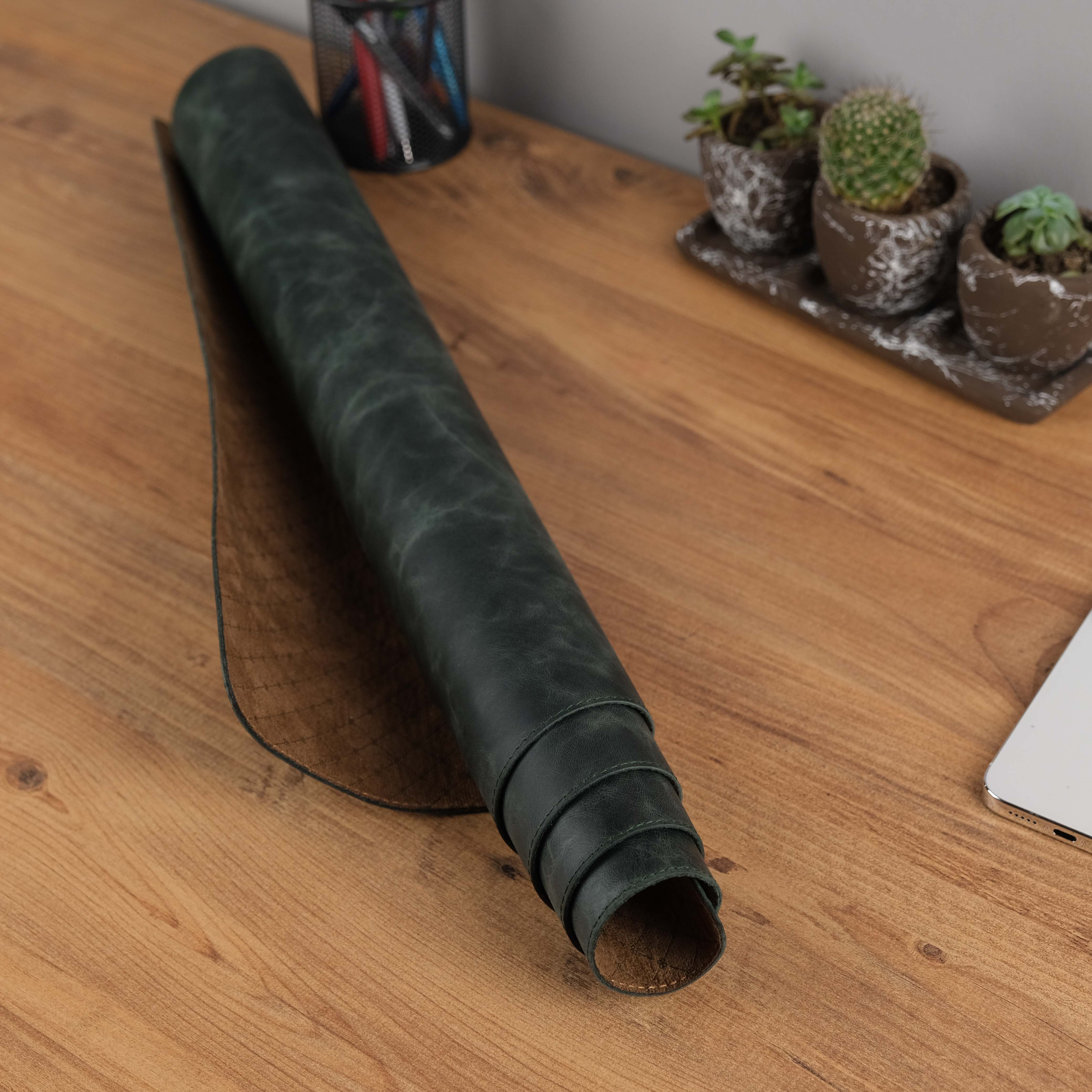 Dark Green Leather Desk Pad for Home and Office