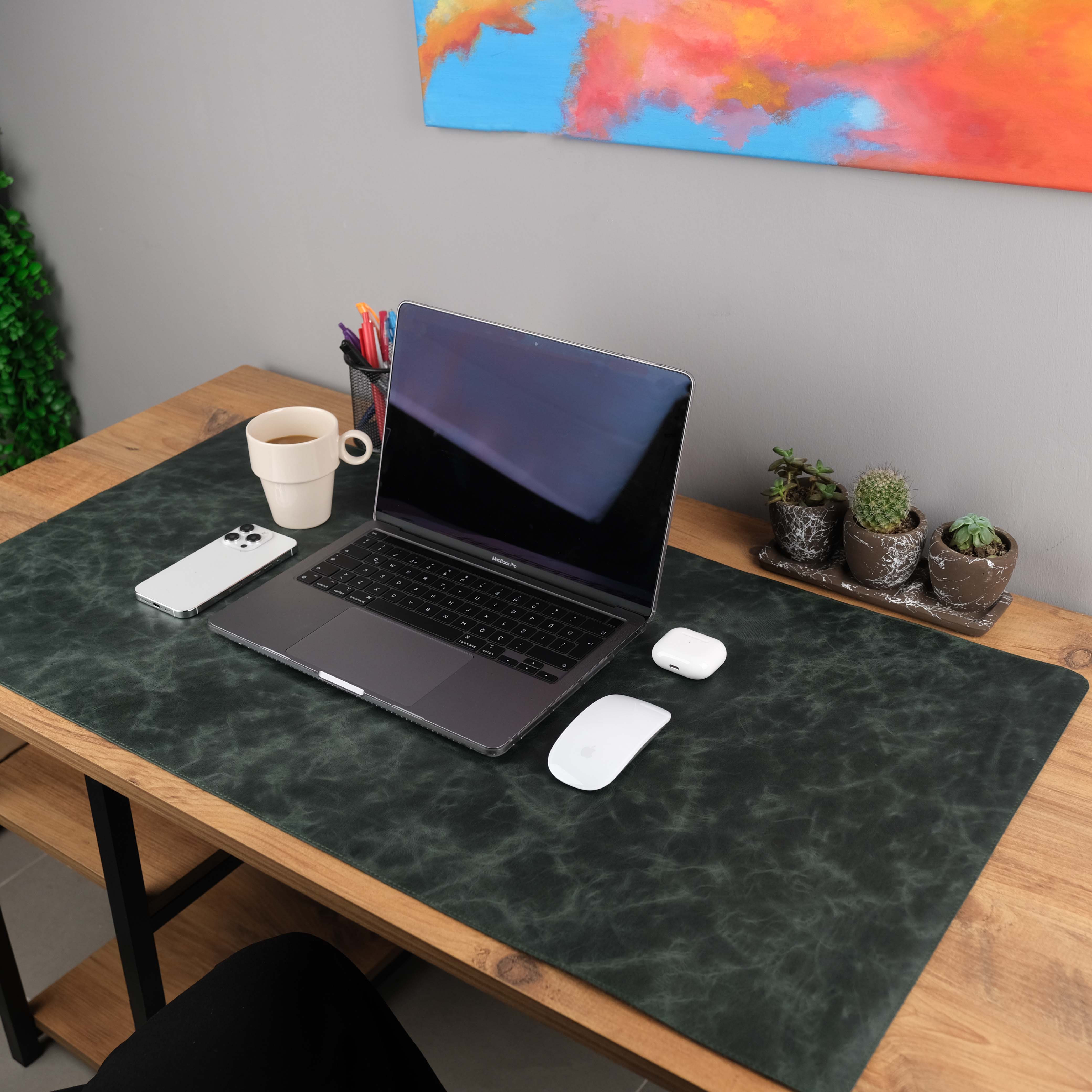 Dark Green Leather Deskmat as a Desk Accessory