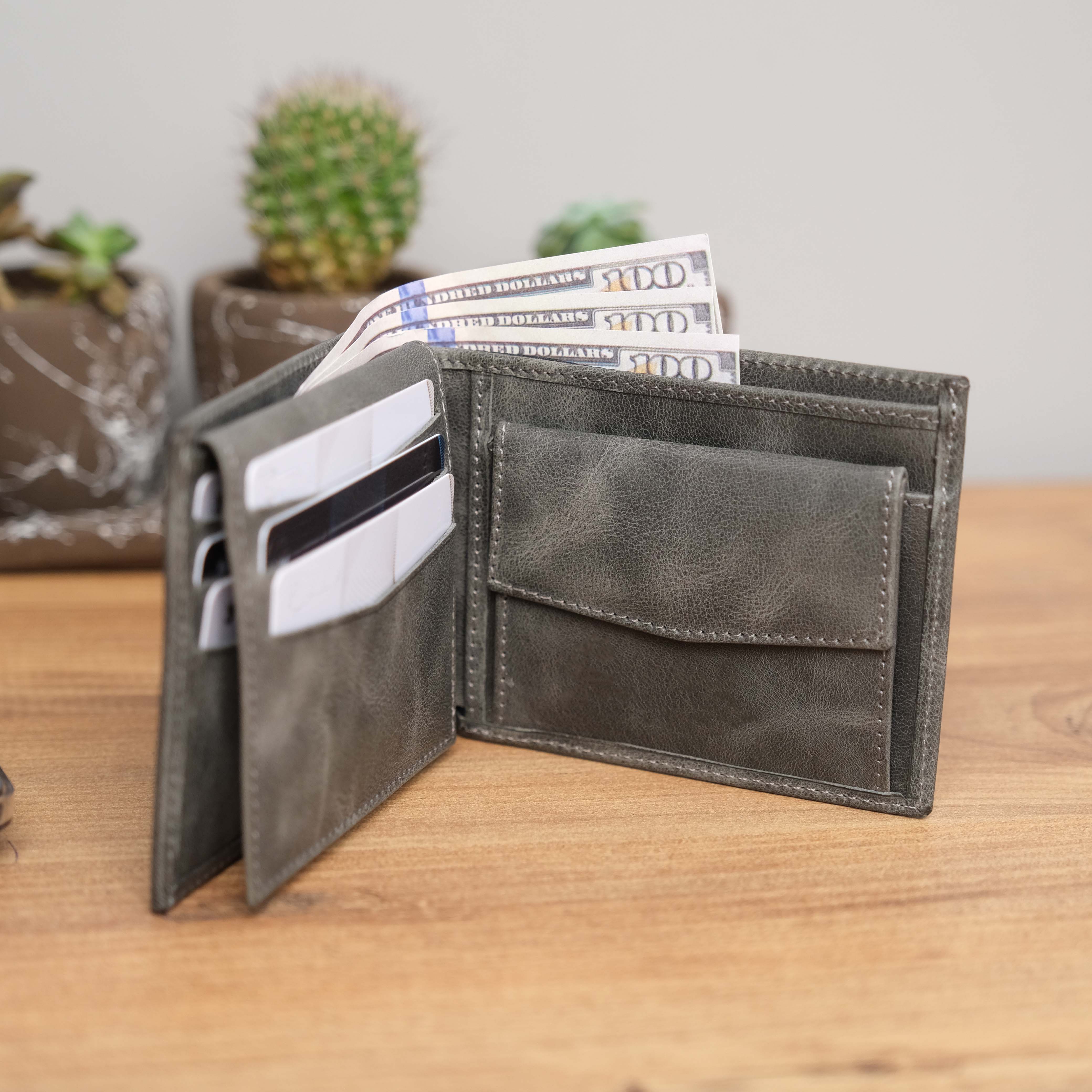 Grey Genuine Leather Wallet Gift for Him