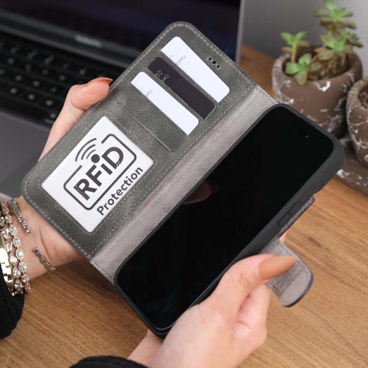 Grey Leather iPhone 15 Case Card Slots