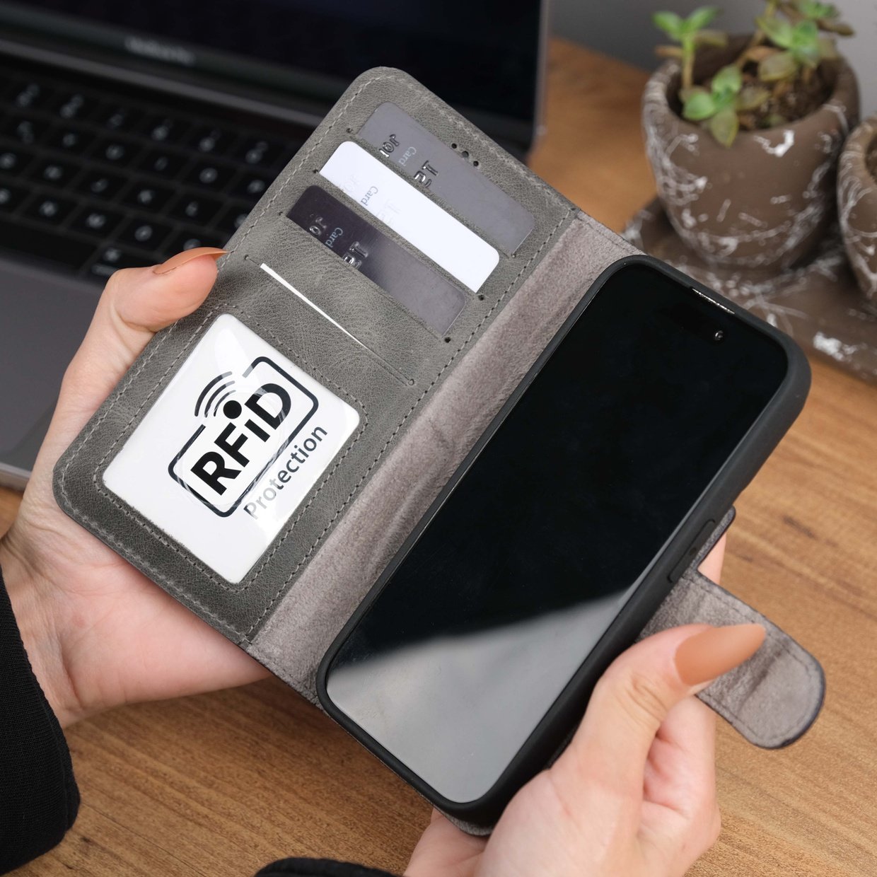 Grey Leather iPhone 15 Pro Max Case Card Slots