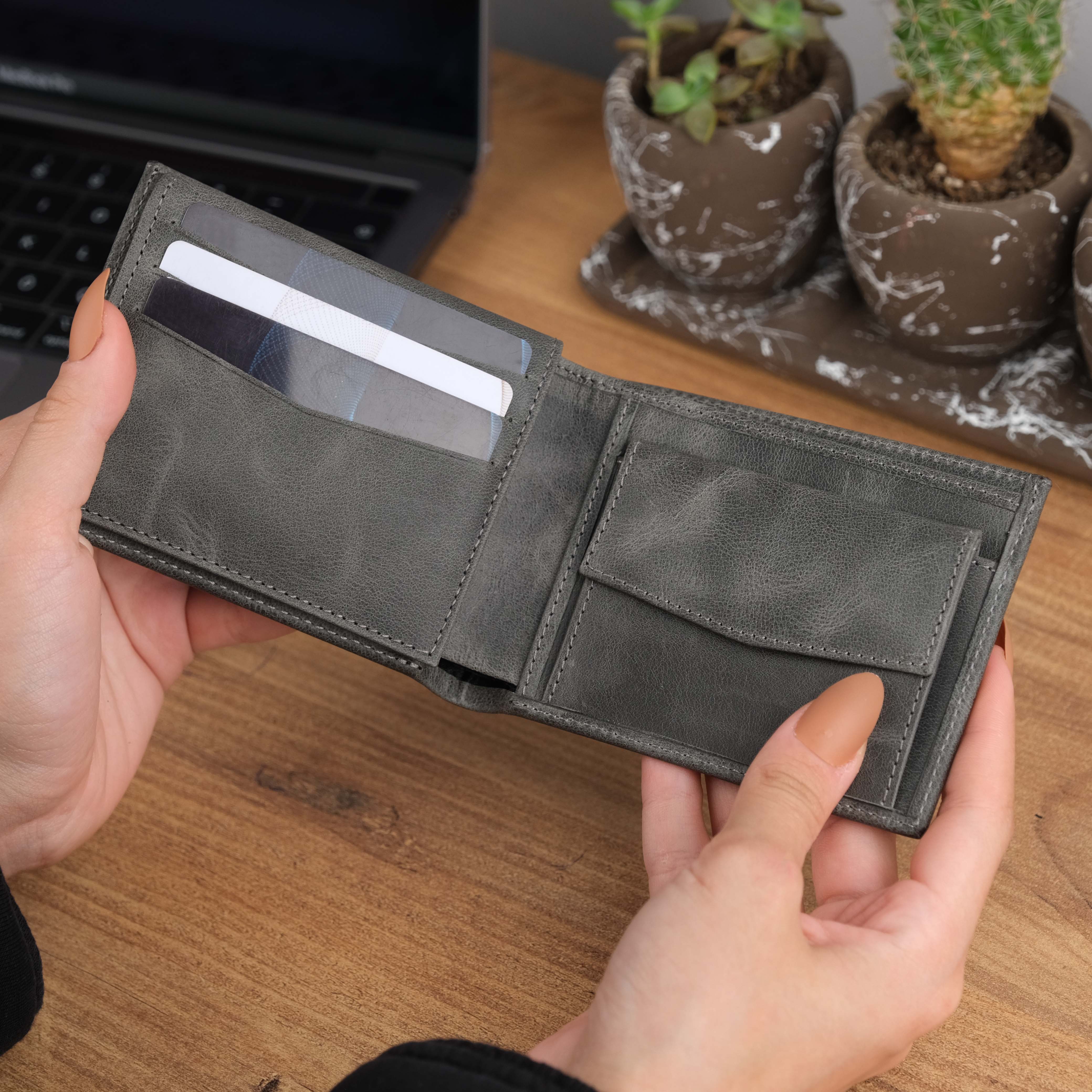 Grey Leather Wallet with Coin Purse
