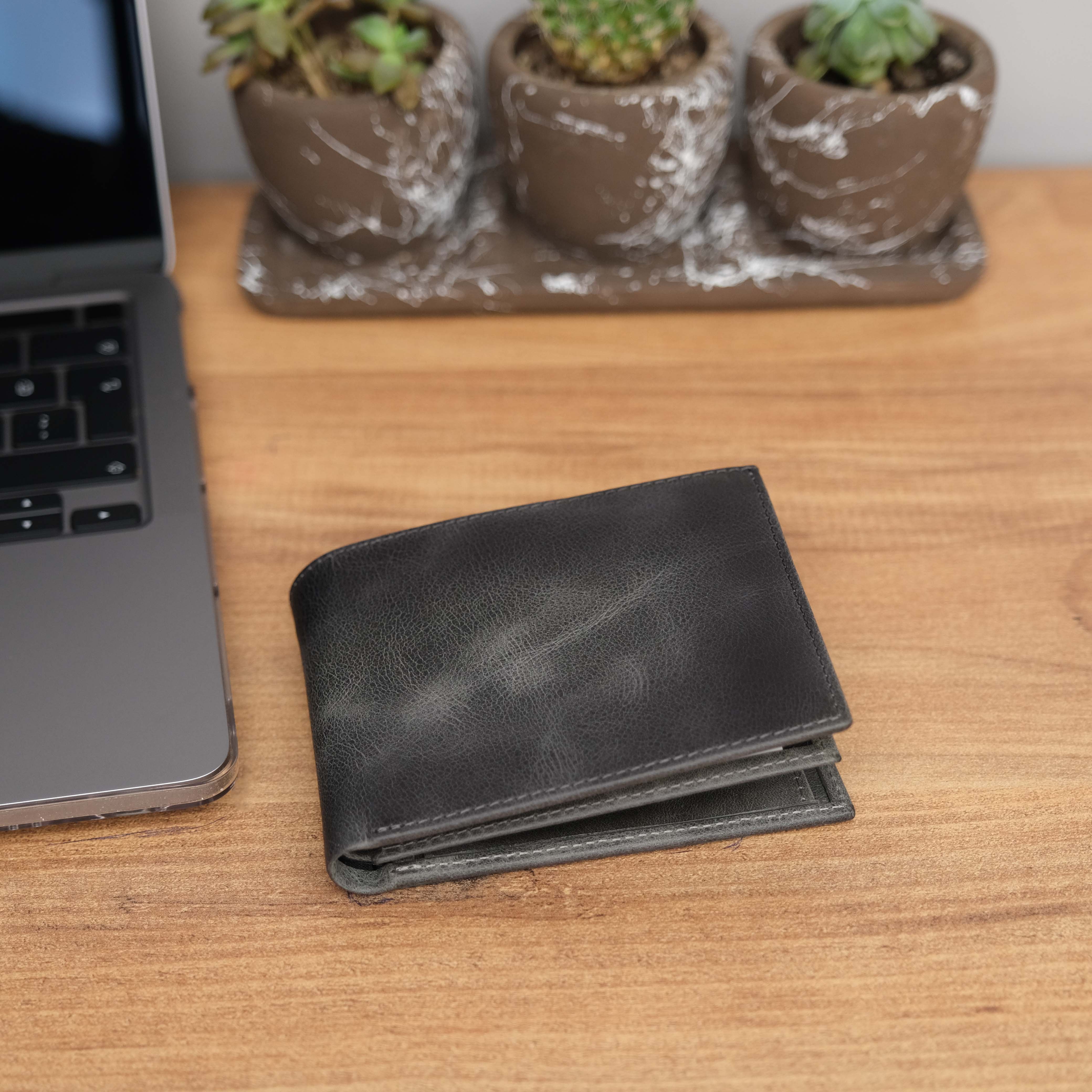 Grey Leather Wallet with ID Card Slot