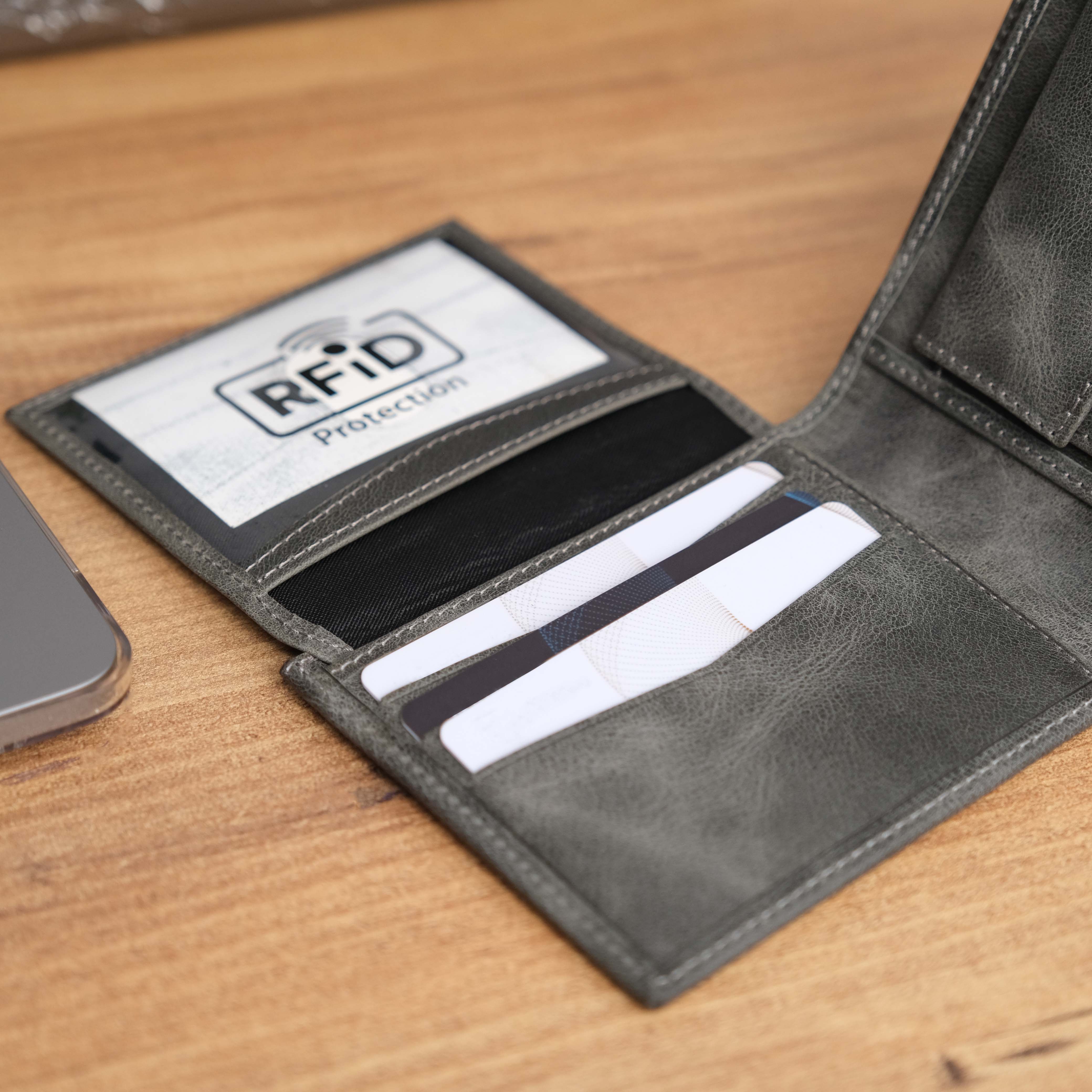Grey Leather Wallet with RFID Protection