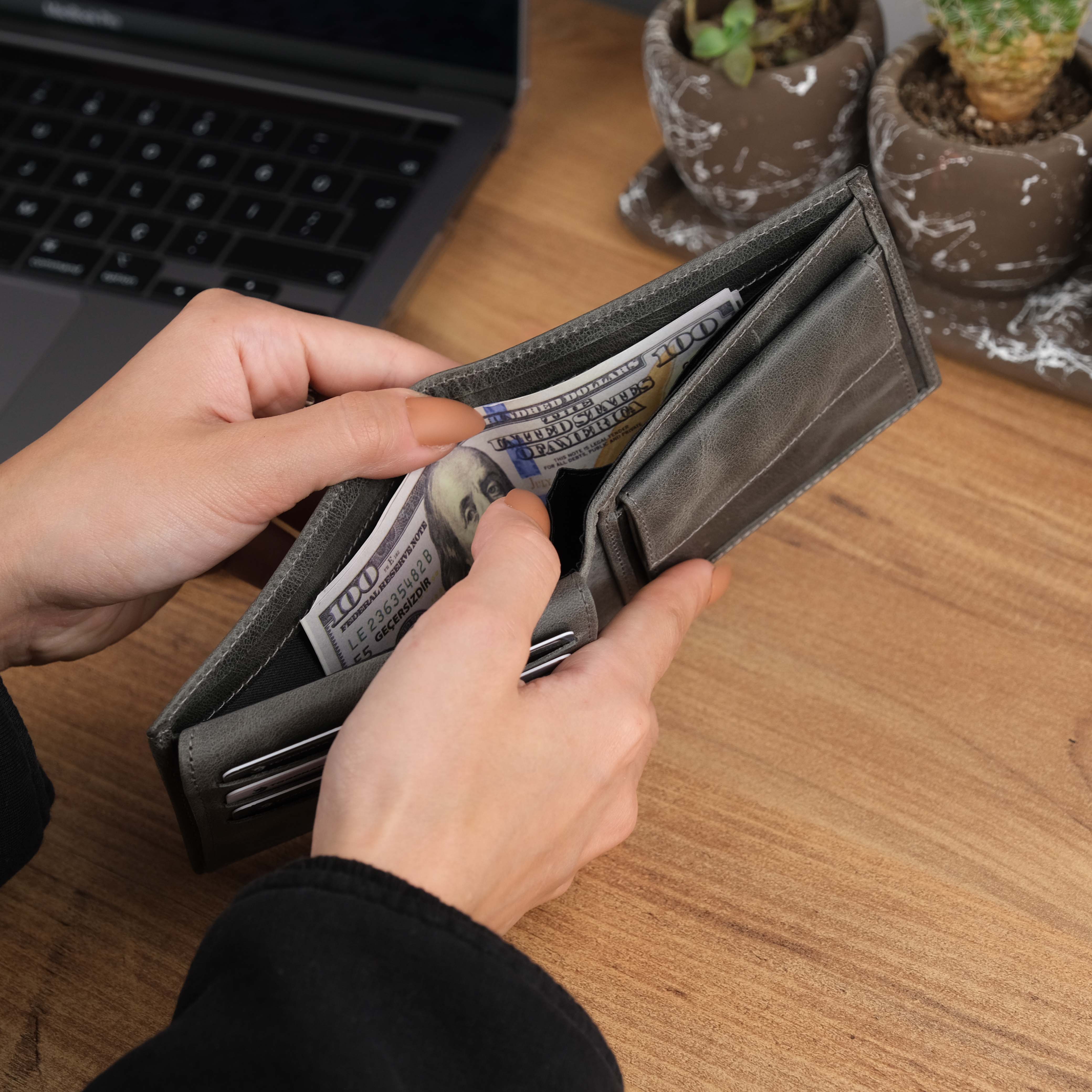 Grey Leather Wallet with Spacious Slots