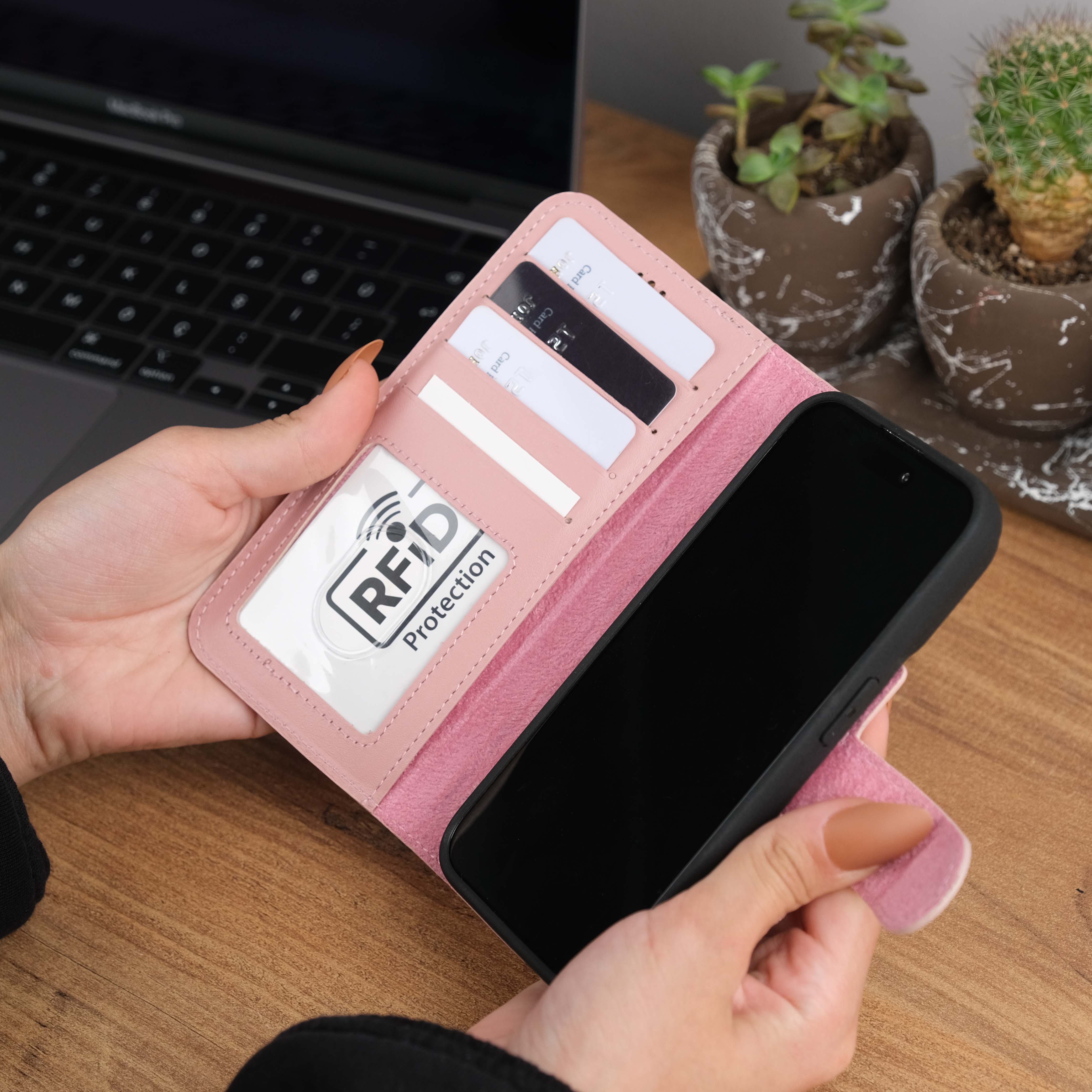 Pink Leather iPhone 15 Pro Case Card Slots