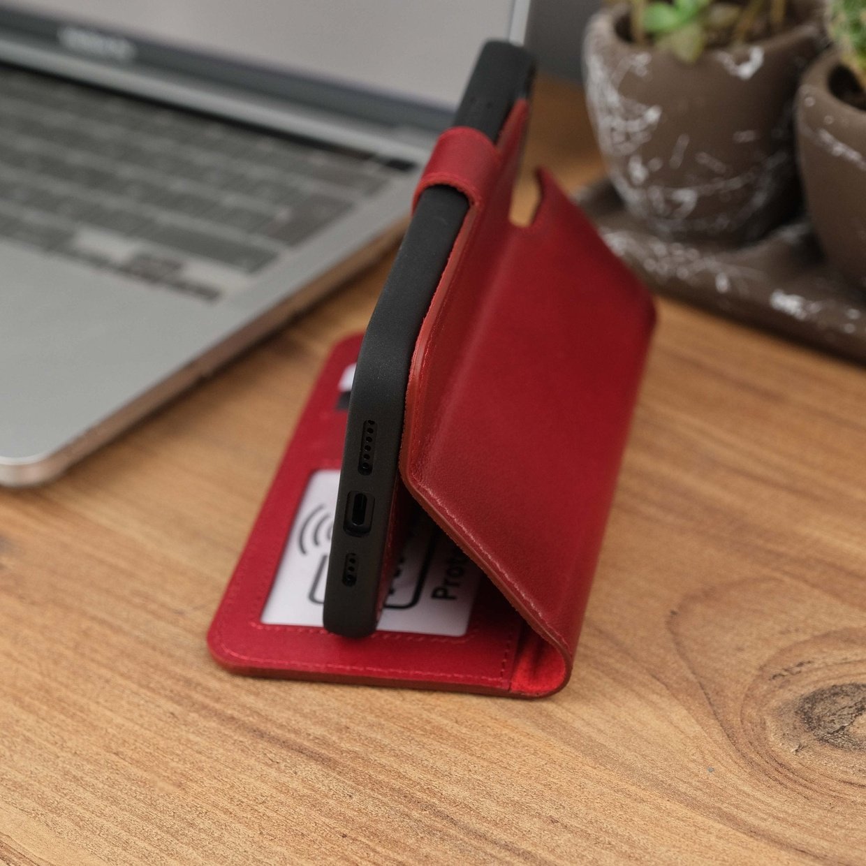 Red Leather iPhone 15 Wallet Case Kickstand Side View
