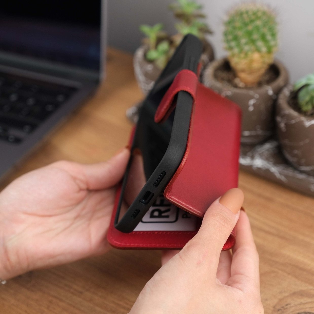 Red Leather iPhone 15 Wallet Case Kickstand Feature