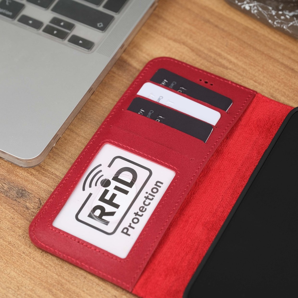 Red Leather iPhone 15 Wallet Case with RFID Protection