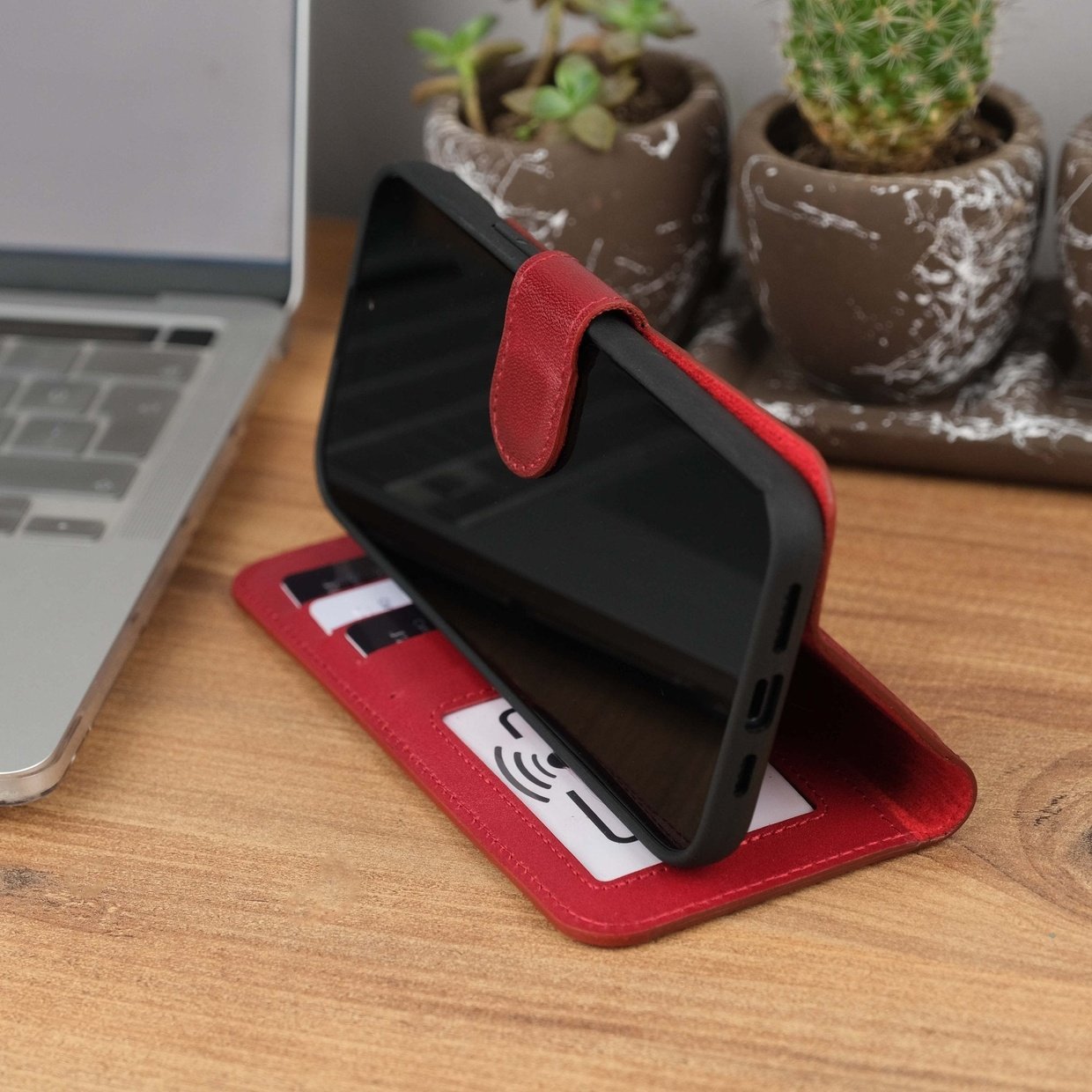 Red Leather iPhone 15 Wallet Case Kickstand Front View