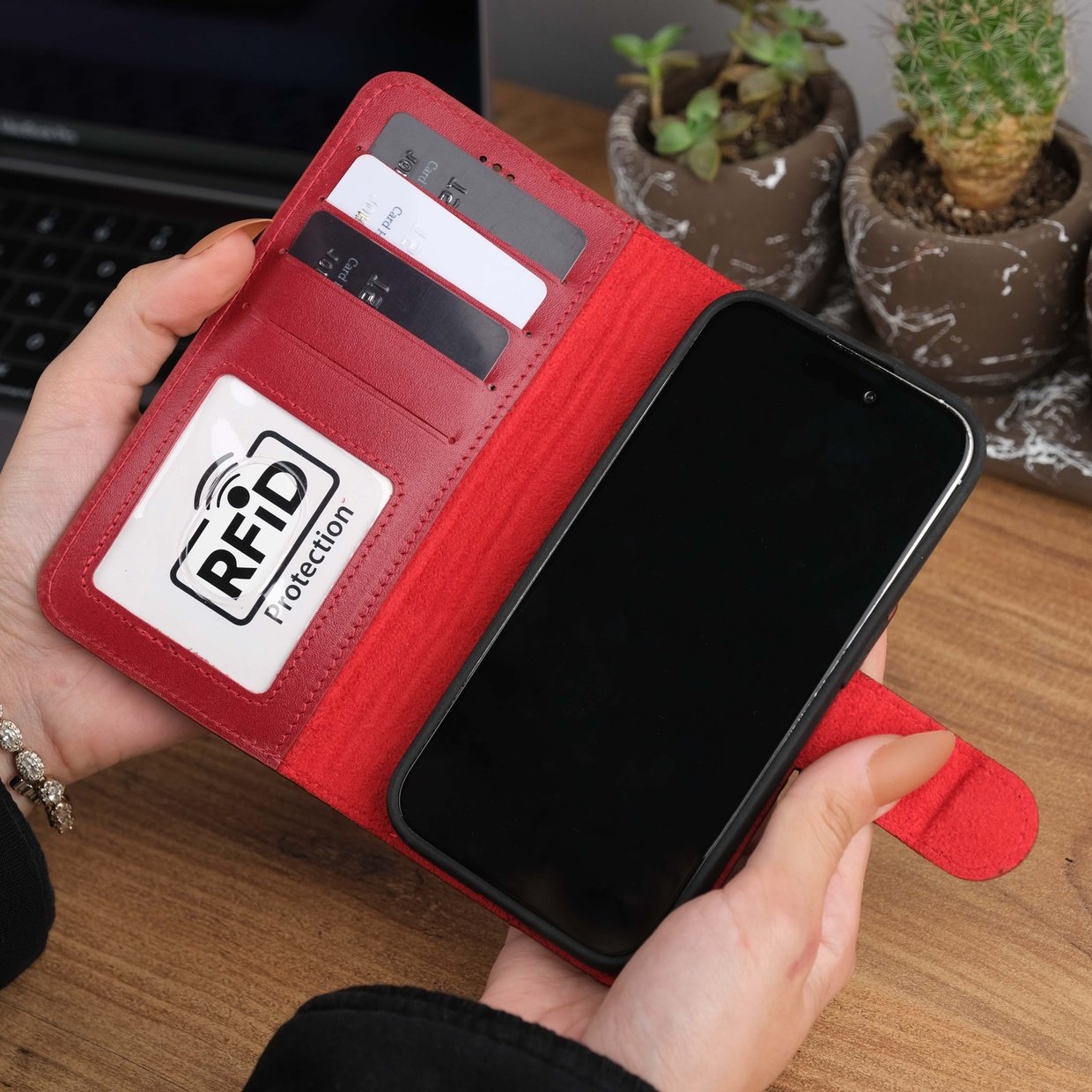 Red Leather iPhone 15 Pro Case Card Slots