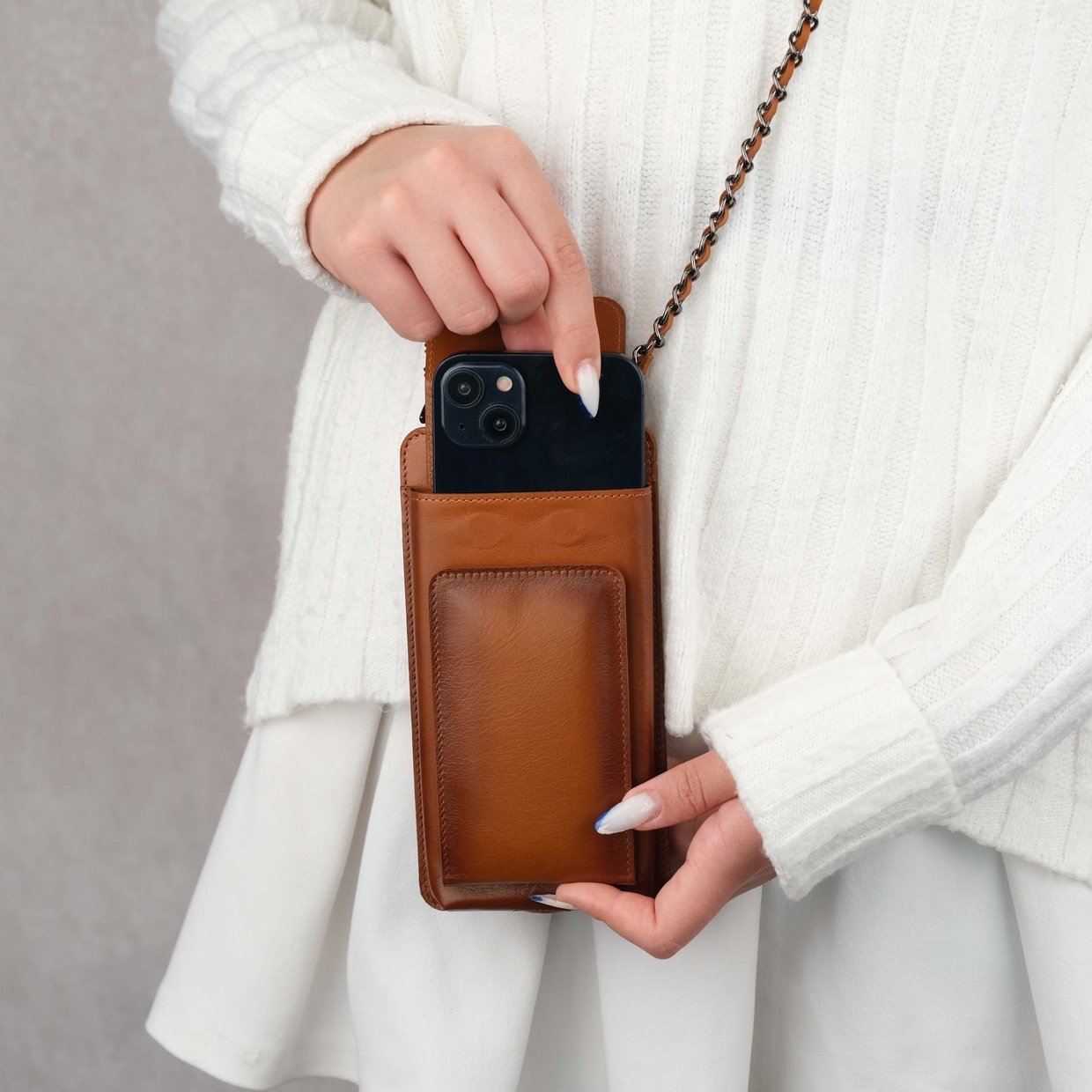 Tan Leather Crossbody Phone Bag