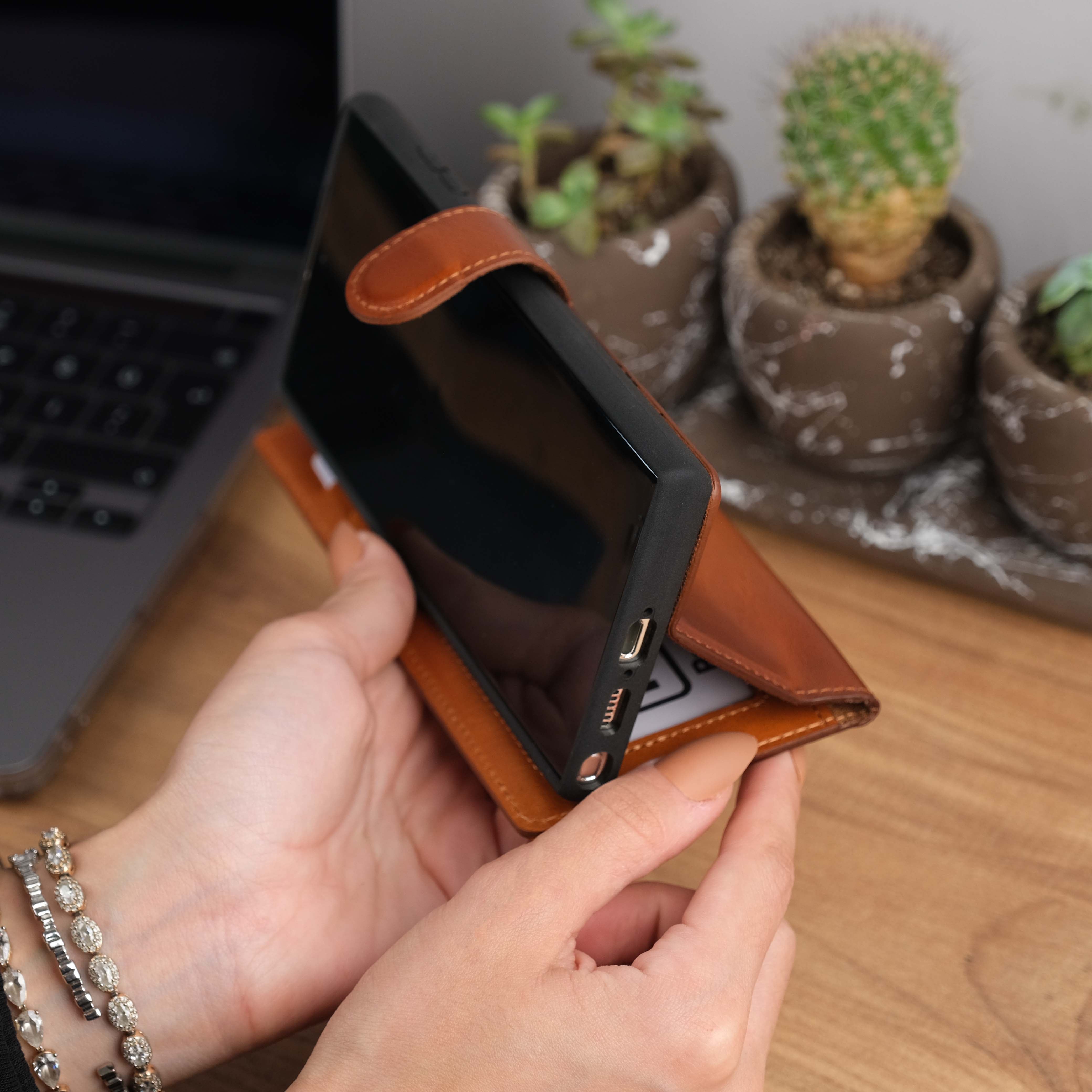 Tan Leather Galaxy S23 Ultra Wallet Case Kickstand