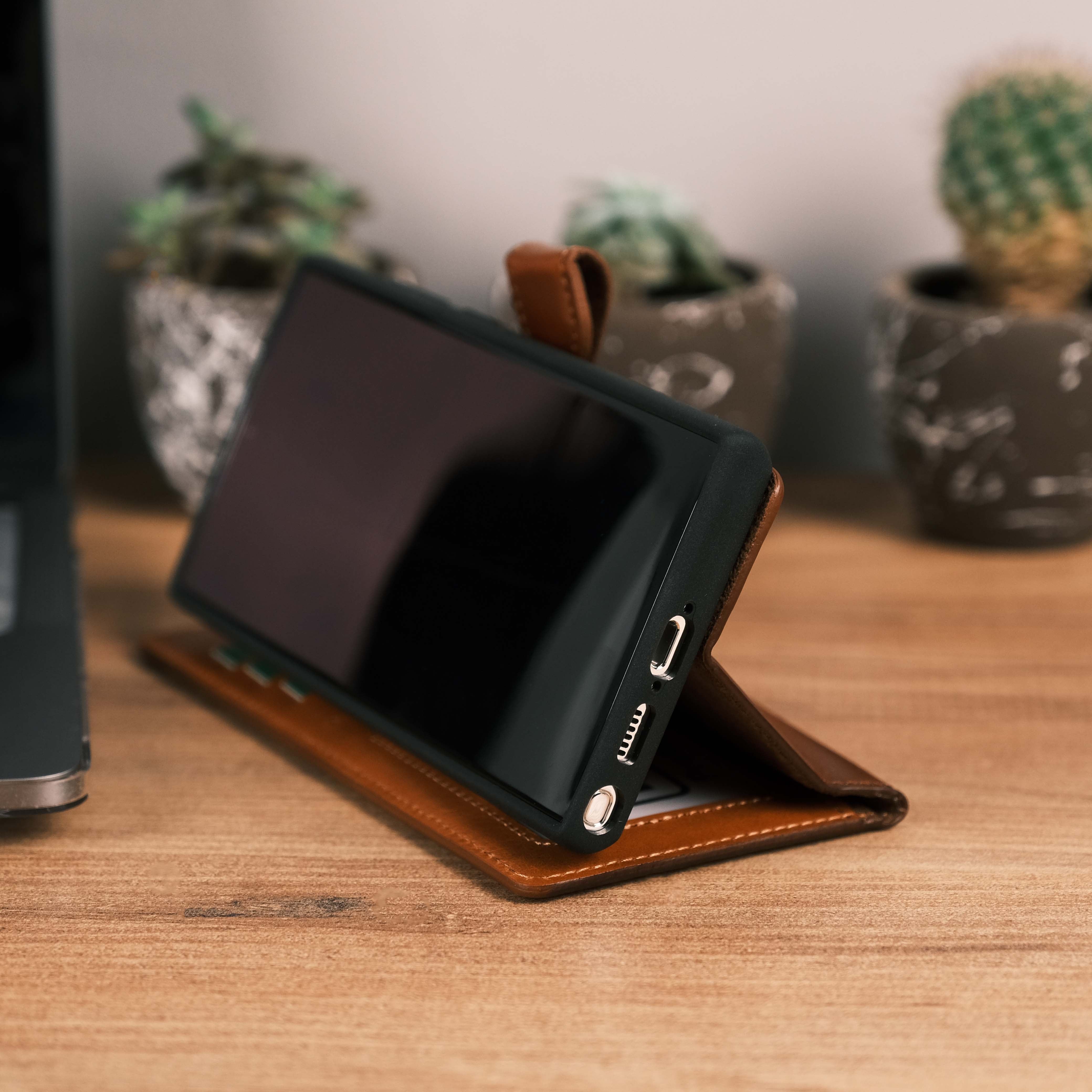 Tan Leather Galaxy S23 Ultra Wallet Case Kickstand Front View