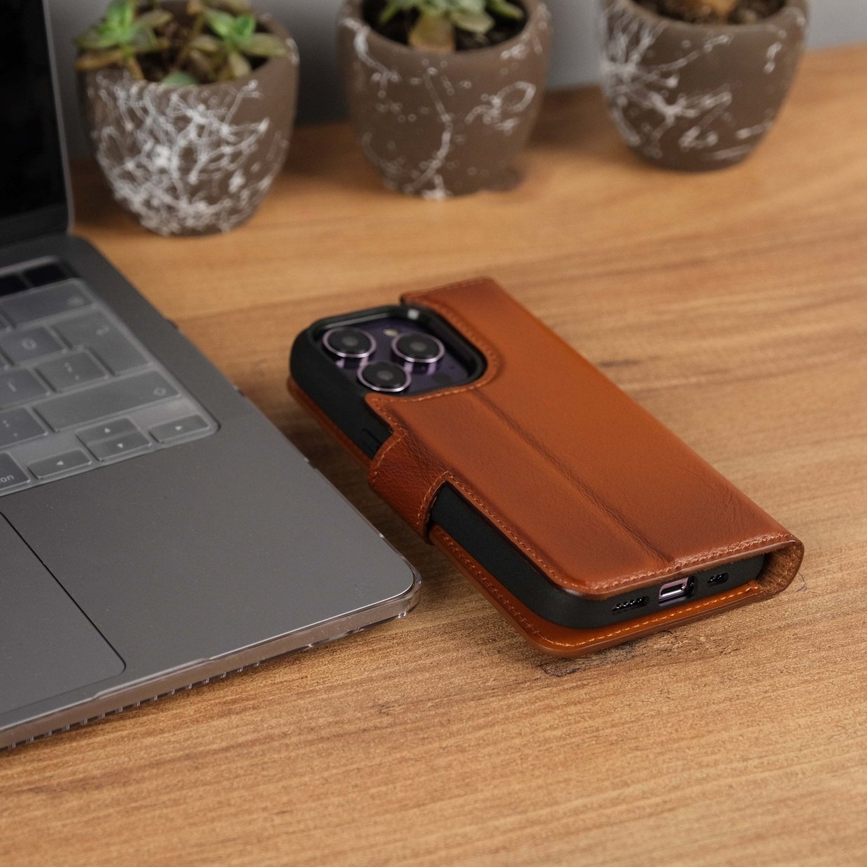 Tan Leather iPhone 15 Pro Case Back View