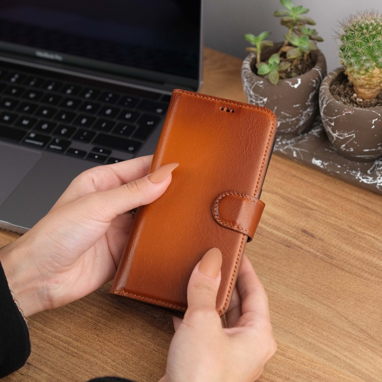 Tan Leather iPhone 15 Pro Case Front View