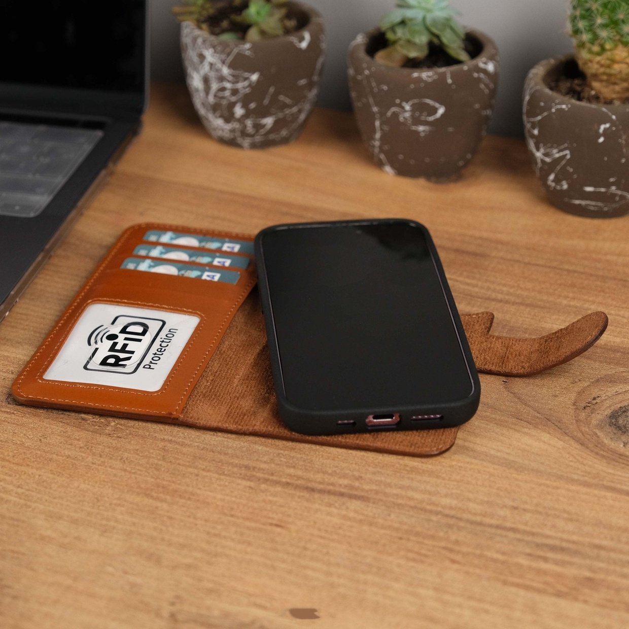 Tan Leather iPhone 15 Pro Case Inner View