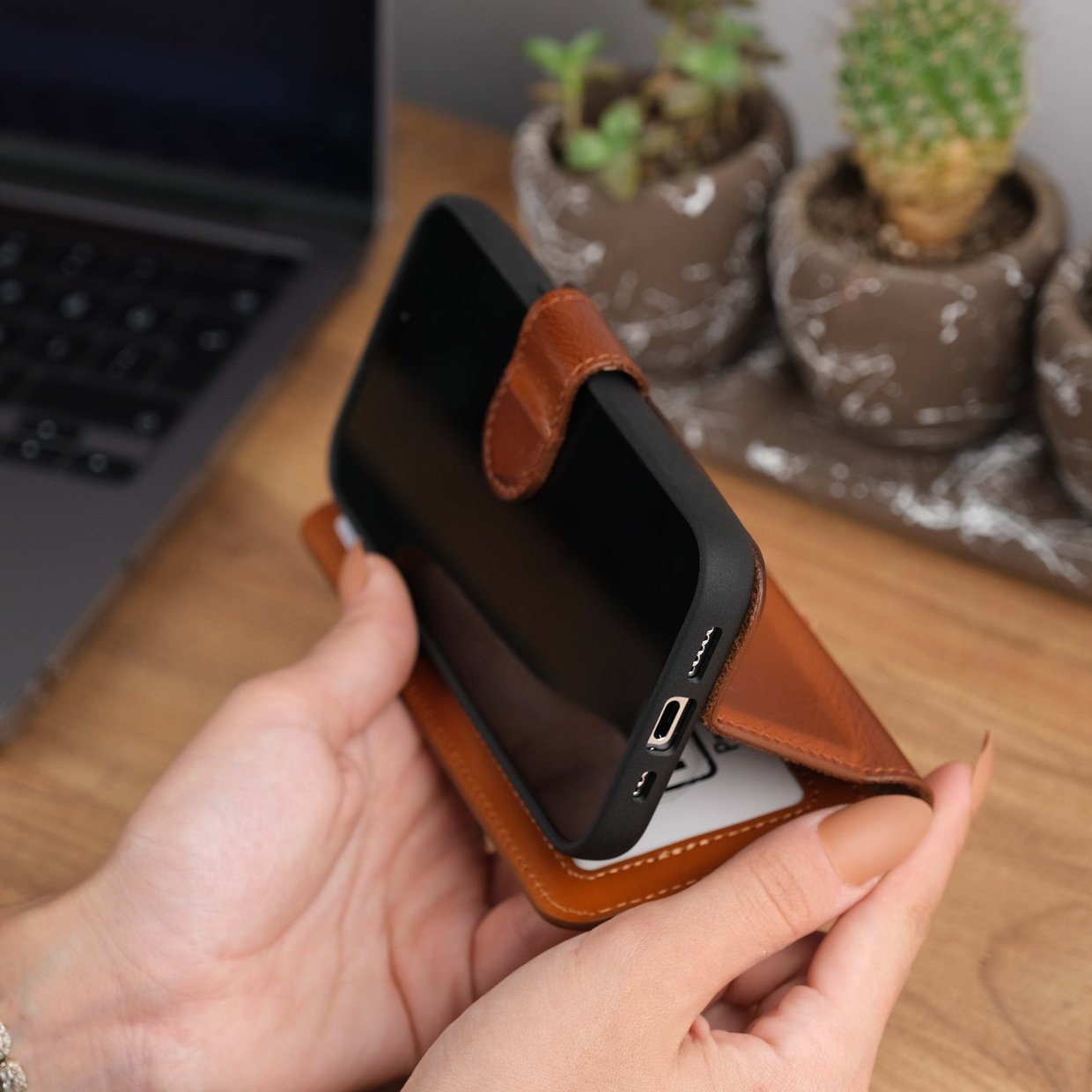Tan Leather iPhone 15 Pro Wallet Case Kickstand