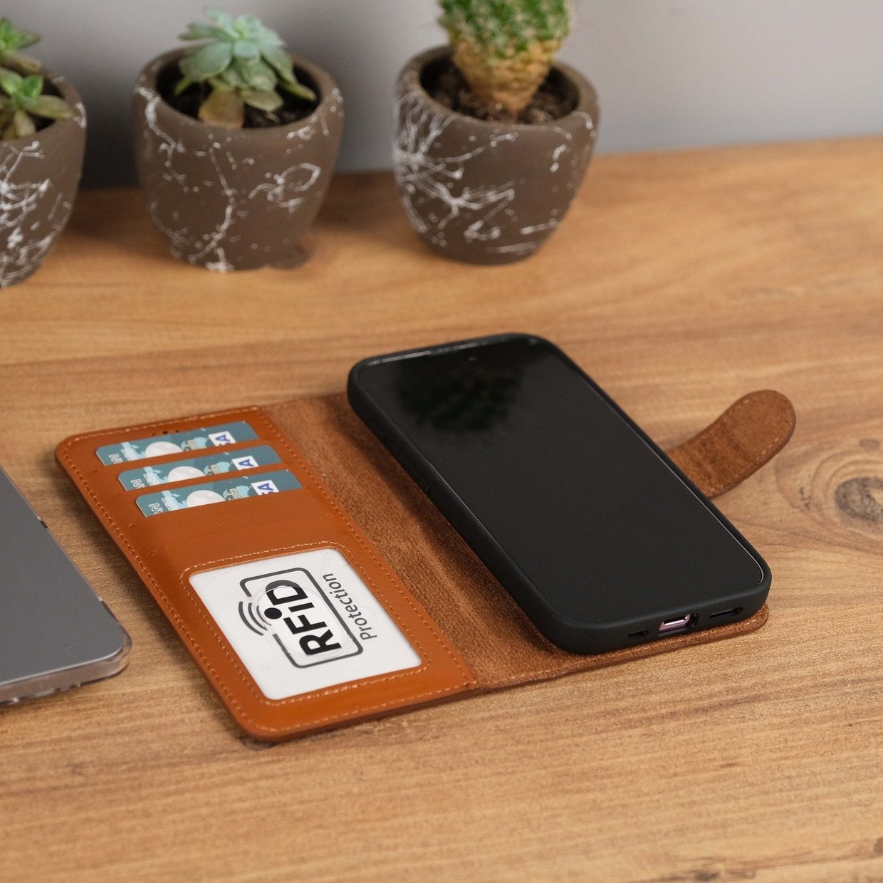 Tan Leather iPhone 15 Pro Case Magnetic Flap