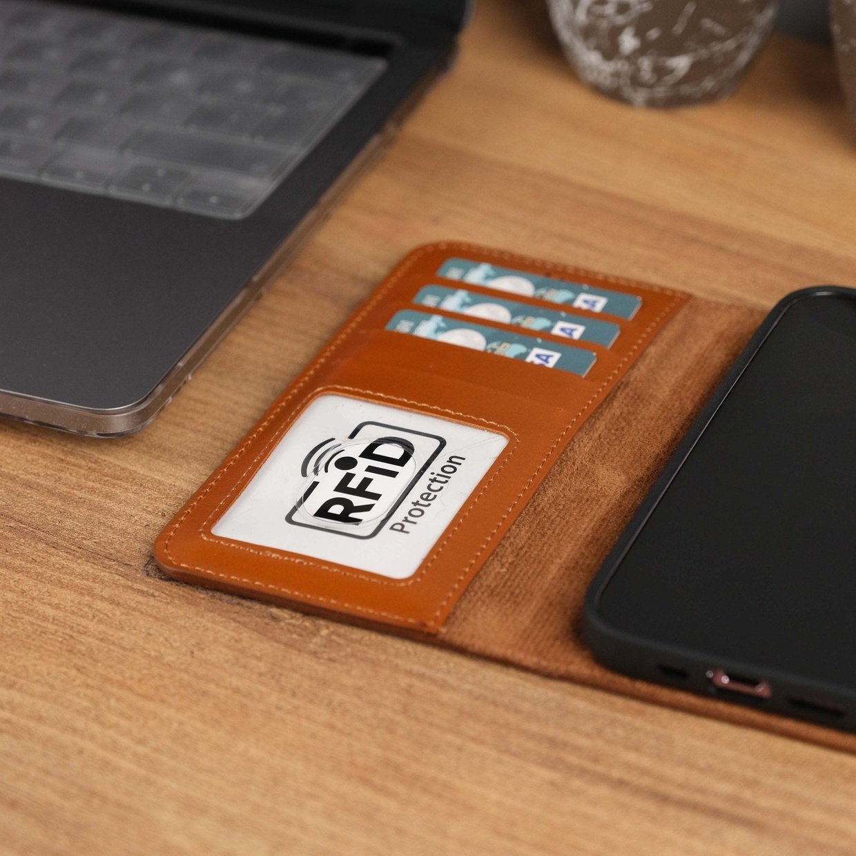 Tan Leather iPhone 15 Pro Wallet Case with RFID Protection