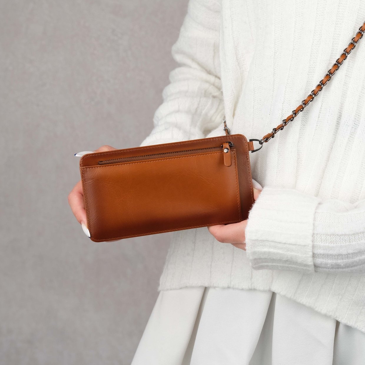 Tan Leather Phone Bag Zippered Rear Storage