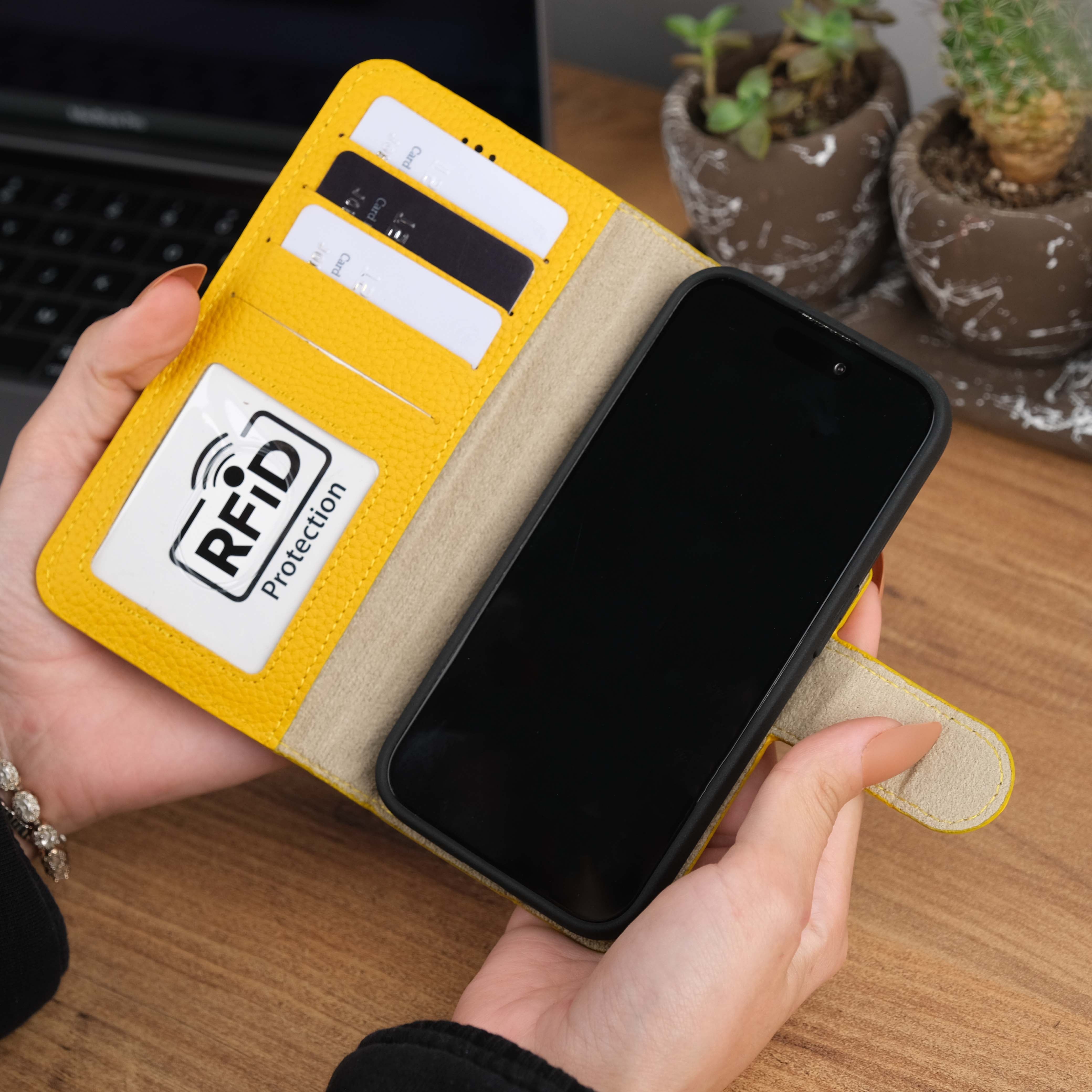 Yellow Leather iPhone 15 Pro Case Card Slots