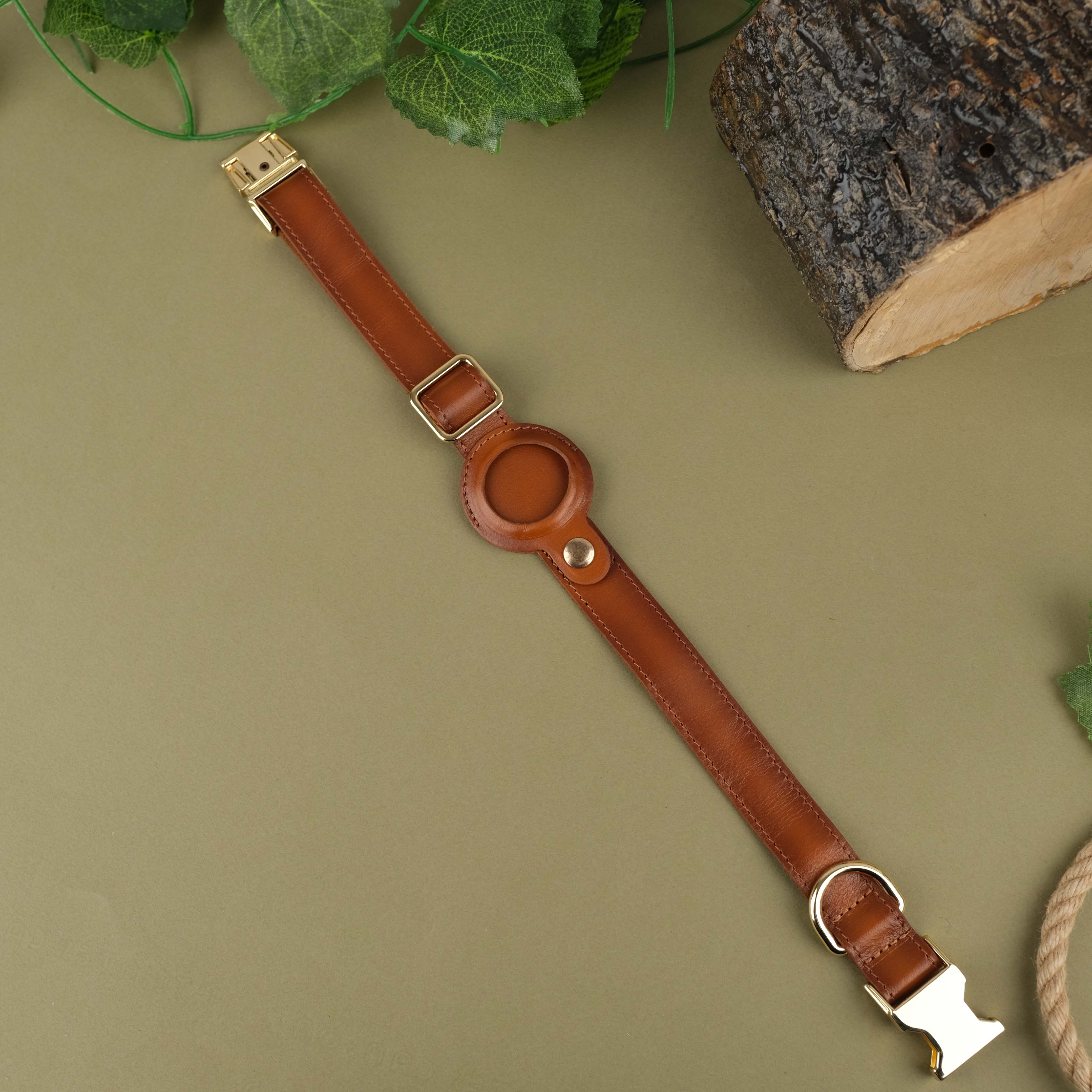 Tan Handcrafted Leather Dog Collar with Airtag Slot